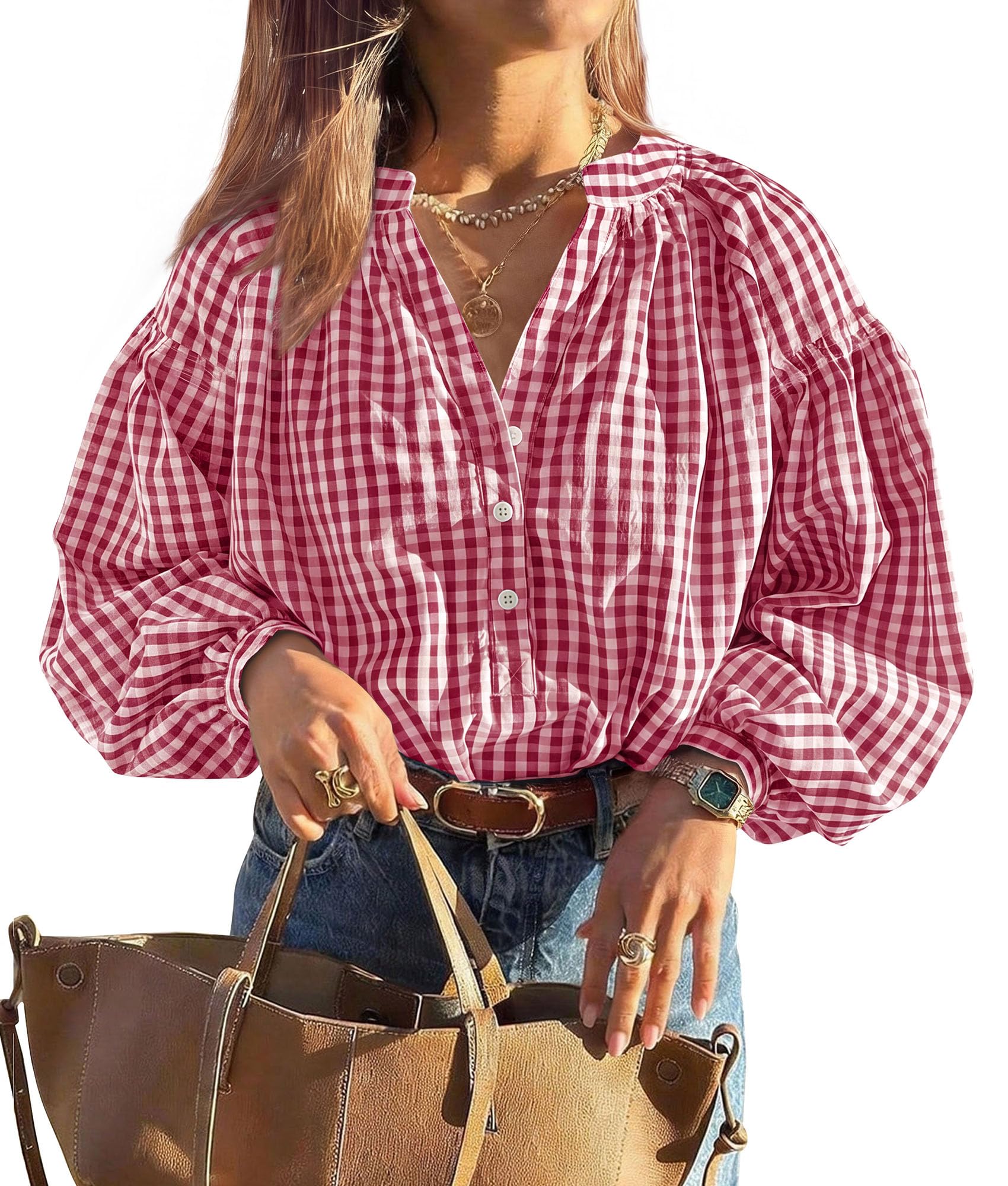 Women Fall Plaid Long Puff Sleeve Shirts V Neck Casual Blouses