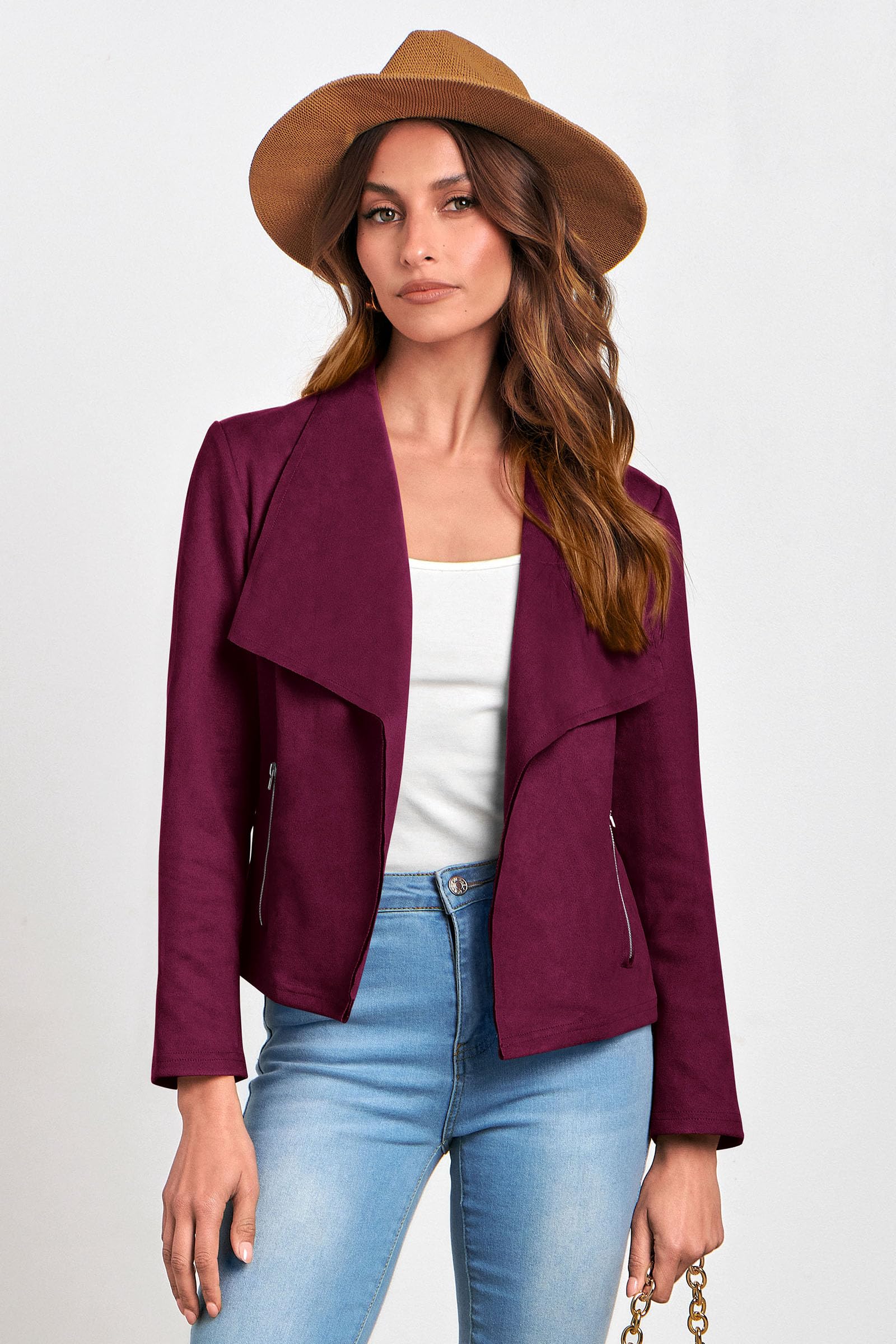 Women's Fall Fashion Faux Suede Jackets(Purple Red,Small)