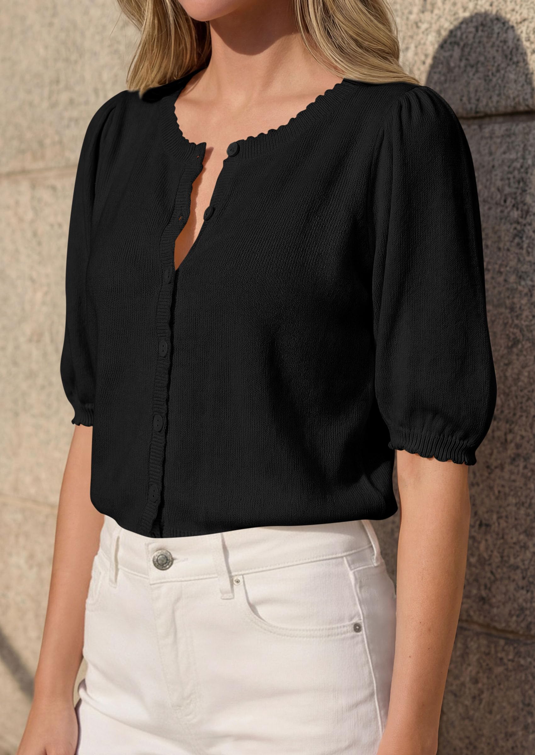 Women Short Sleeve Lightweight Knit Cardigans, Black,S