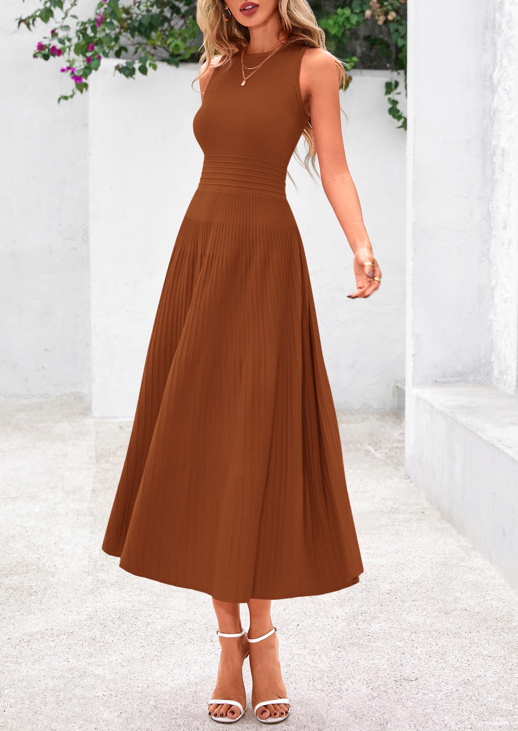 Women's Summer Pleated Midi Work Dress,Caramel,S