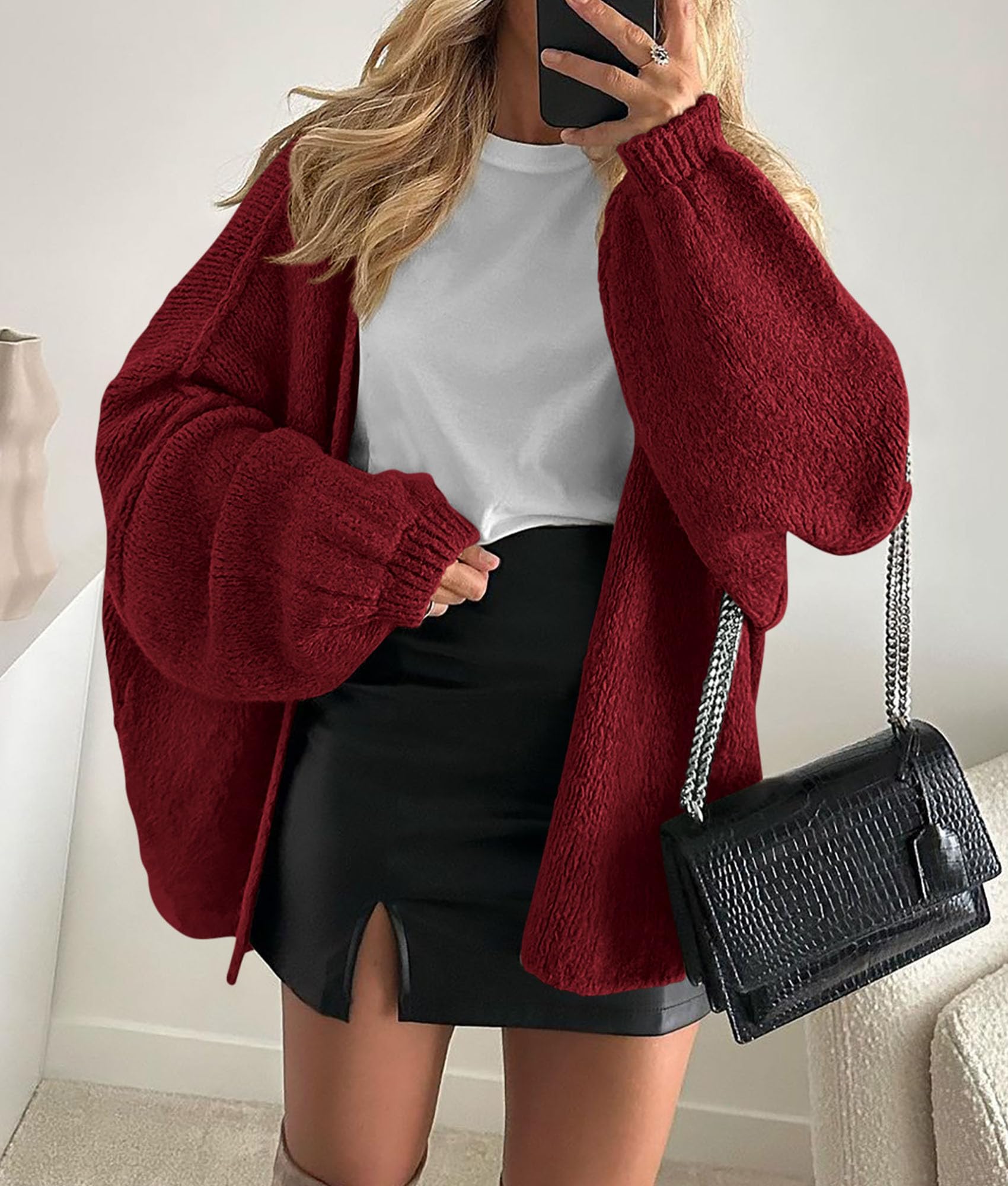 Womens Open Front Oversized Cardigan Sweaters,Wine Red,XS
