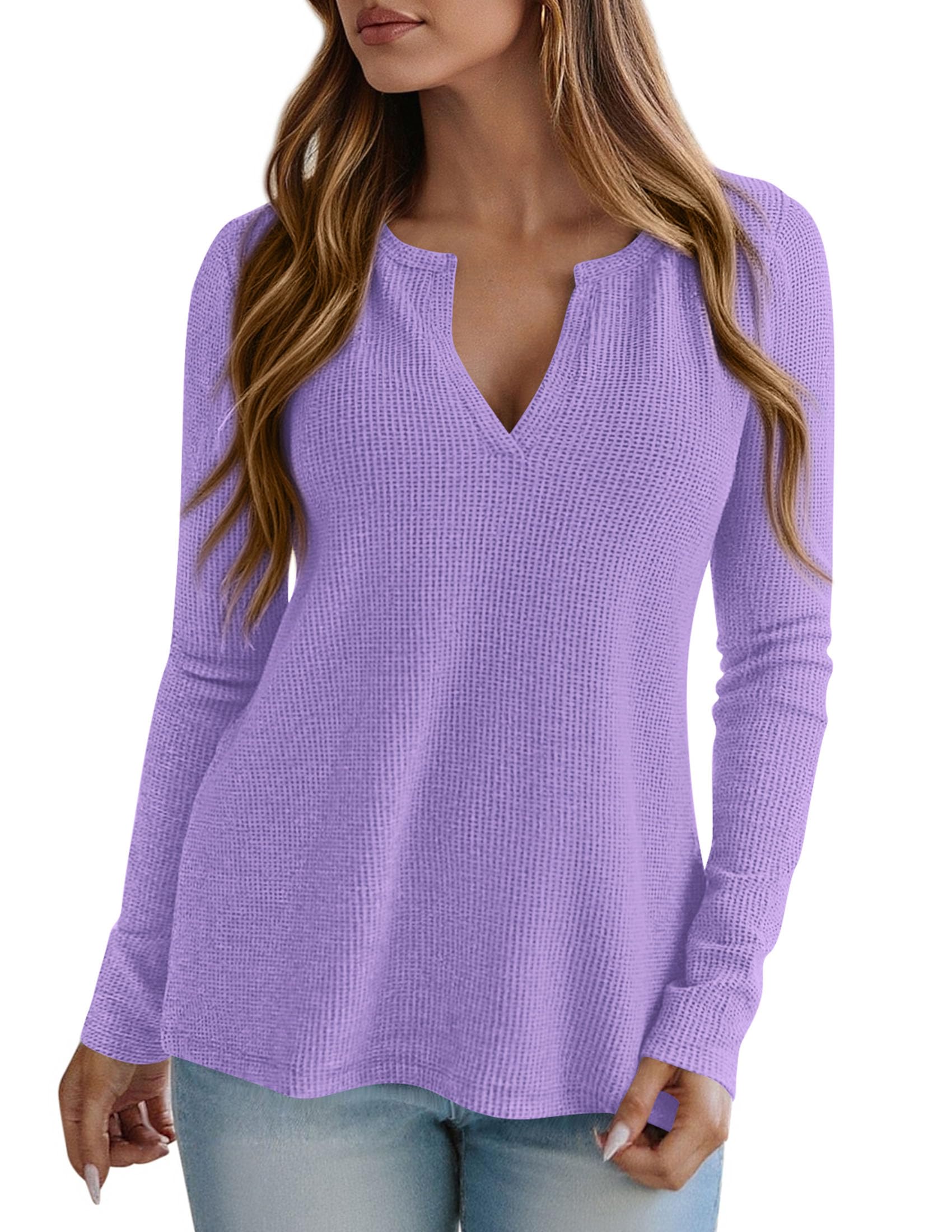 Long Sleeve Shirts for Women Waffle Knit Tops,Purple,S