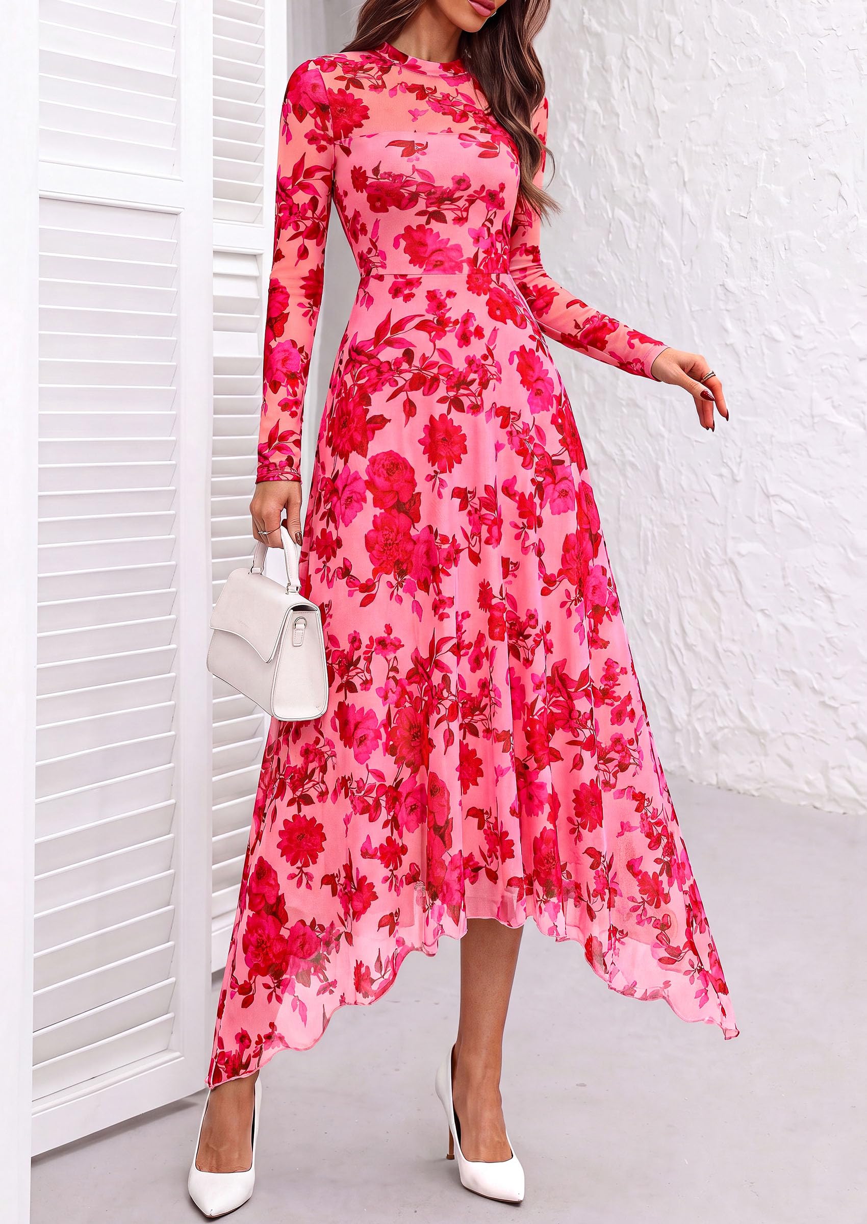Women's Floral Mesh Midi Dress,Floral Pink Red,S