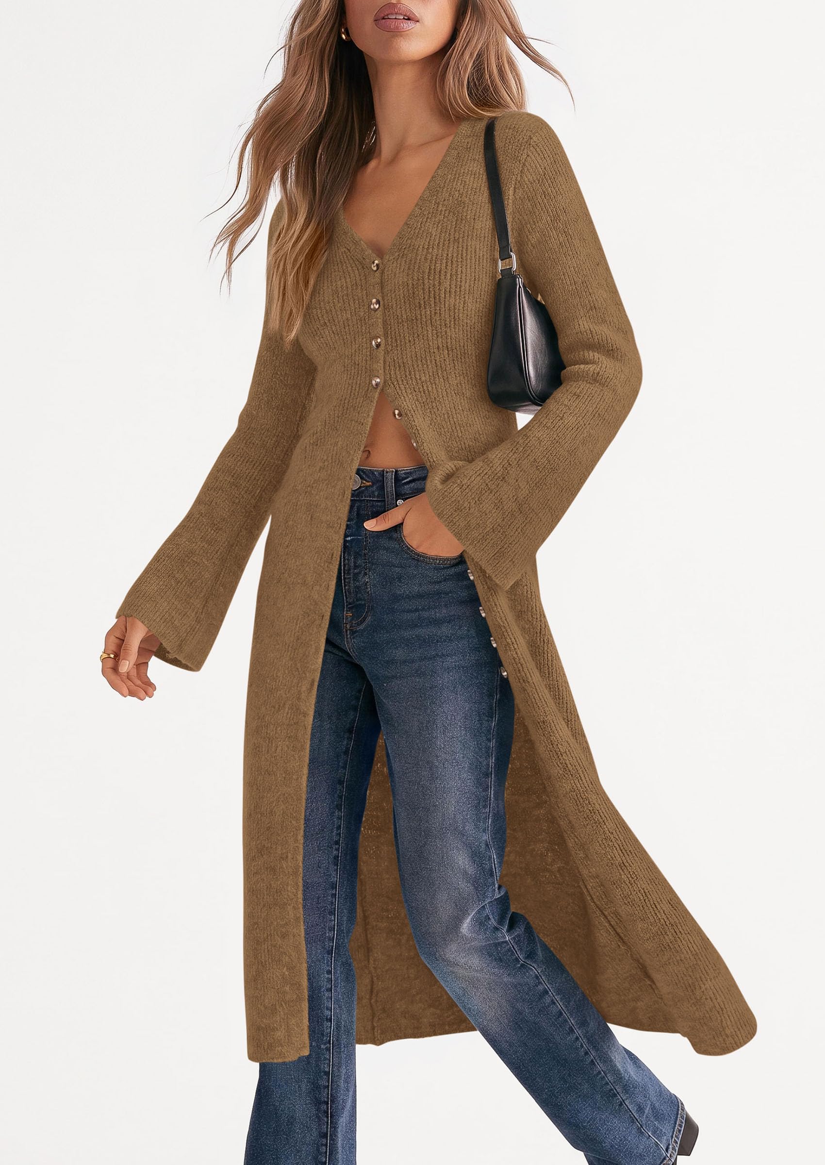 Women Long Cardigan Bell Sleeve Sweater Dress (Dark Khaki,S)