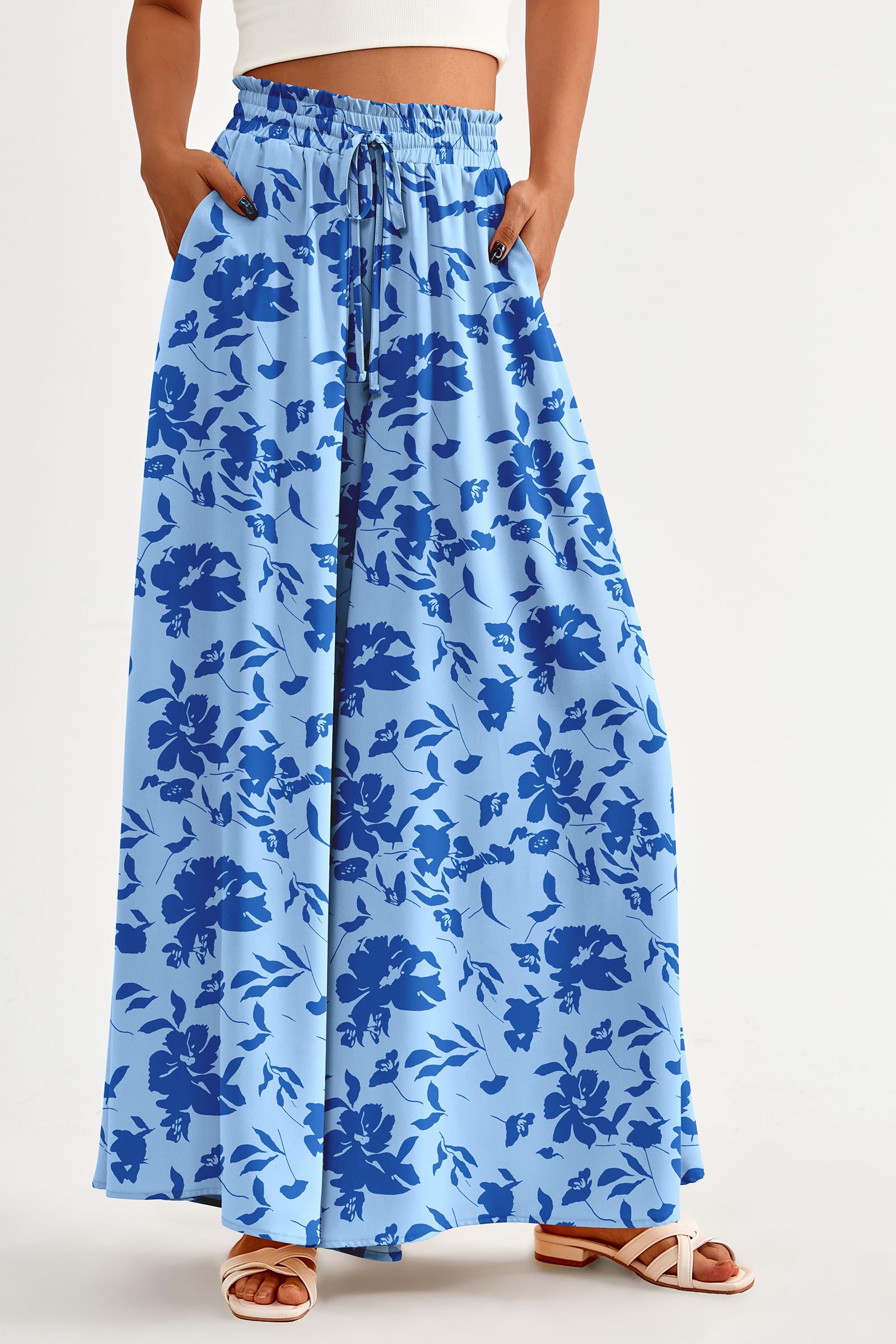 Summer Wide Leg Palazzo Pants for Women Casual,Print Blue,S