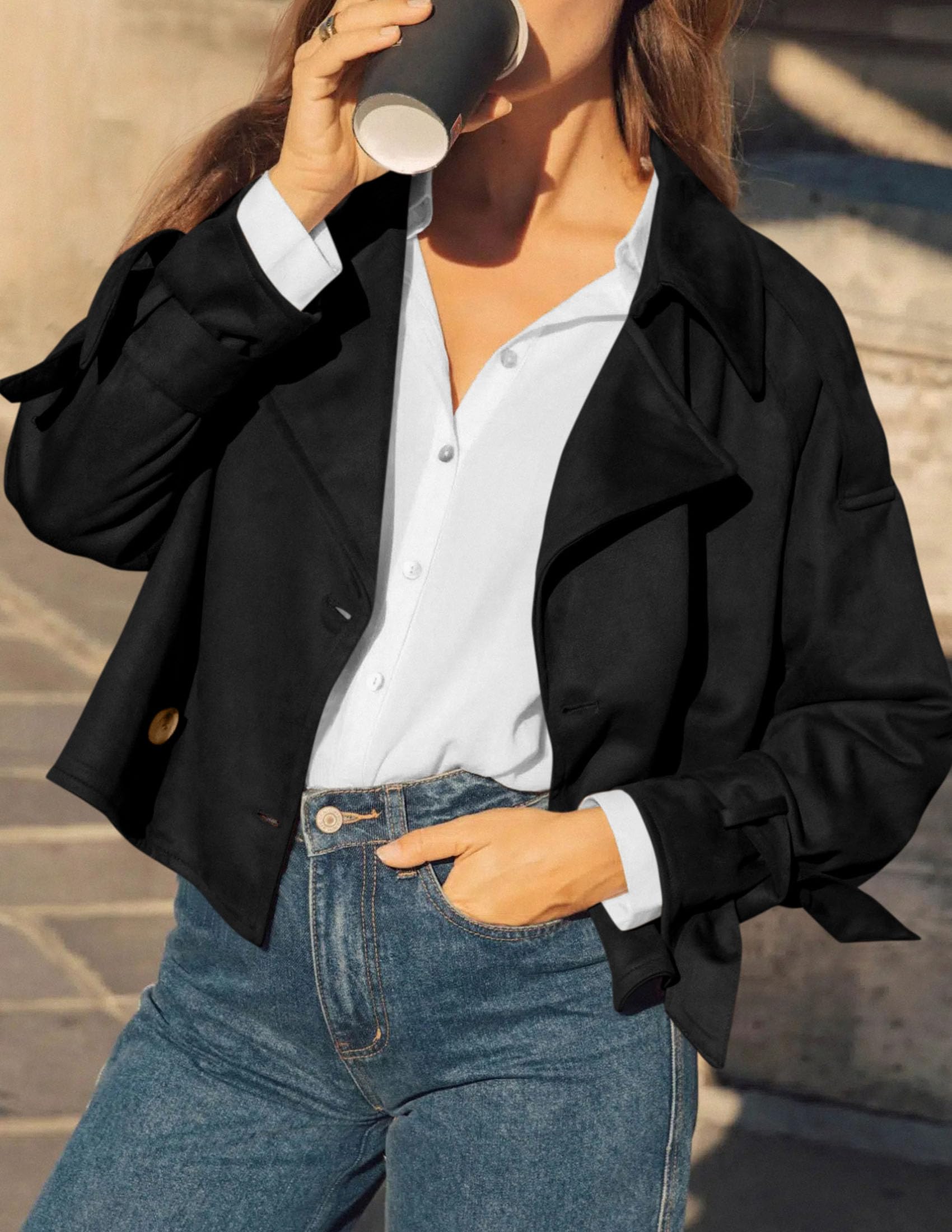 Women Faux Suede Double Breasted Trench Coat Cropped Jackets