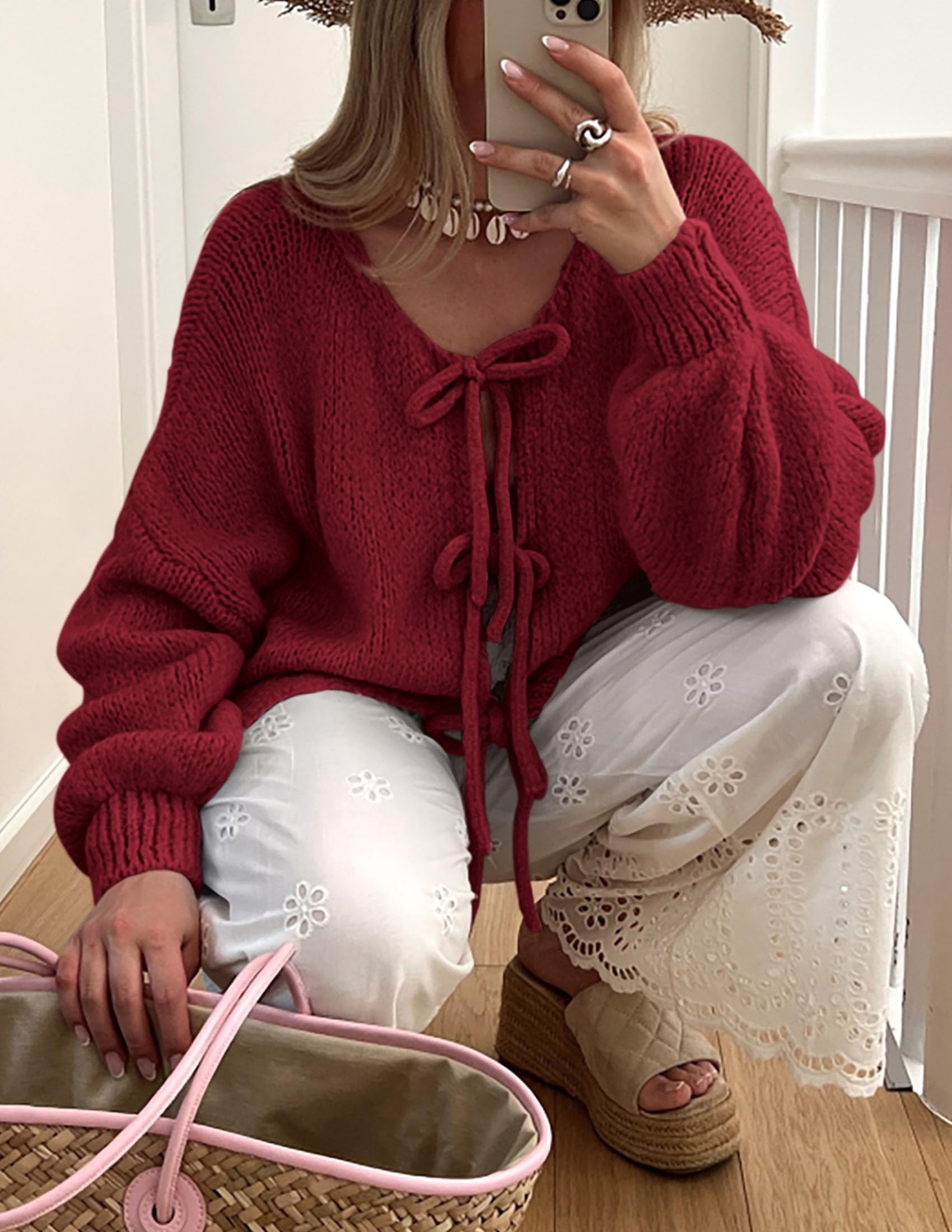 Women's Tie Front Bow Cardigan Sweaters(Wine Red,Small)