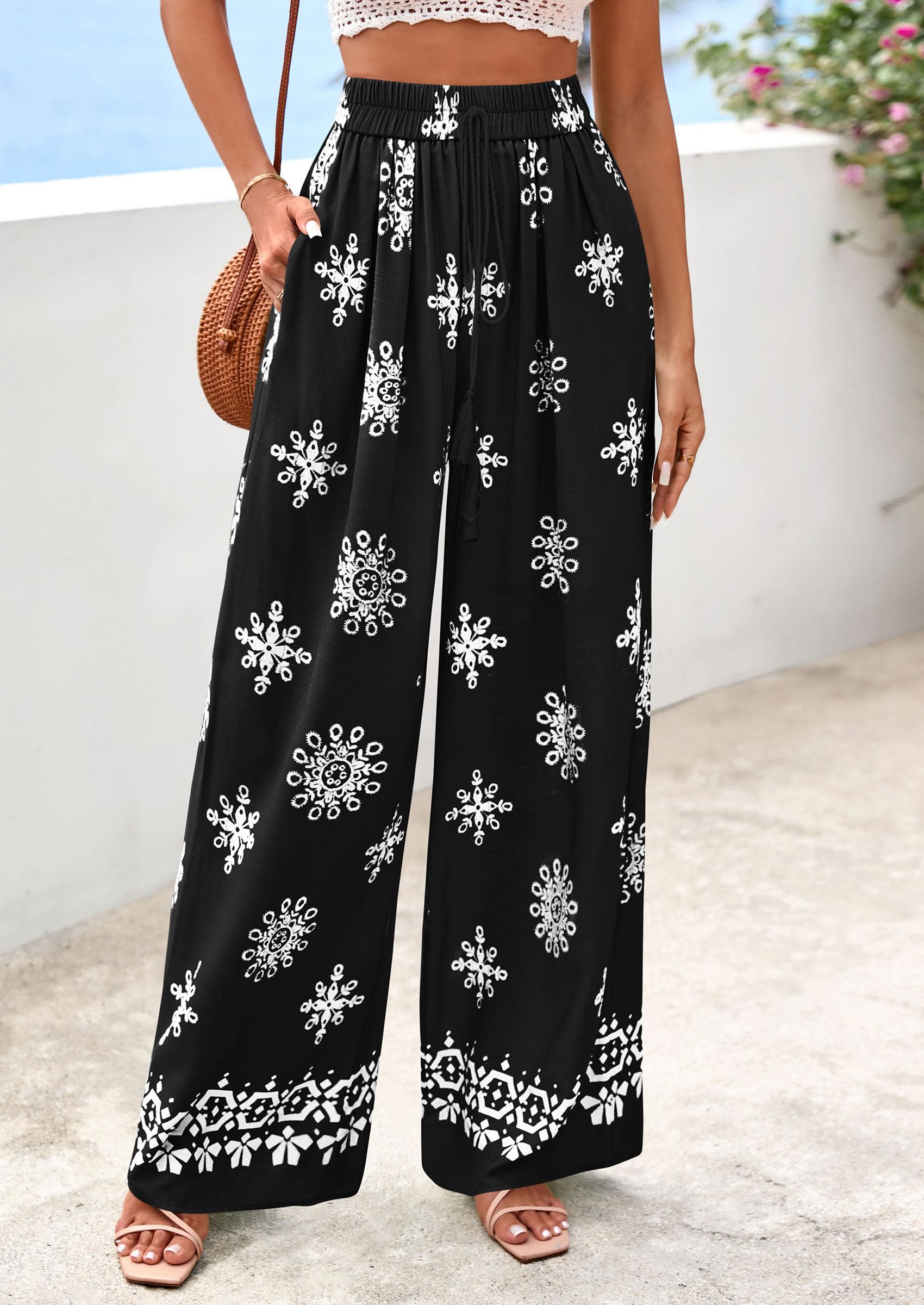 Wide Leg Flowy Boho Pants for Women, Black,S