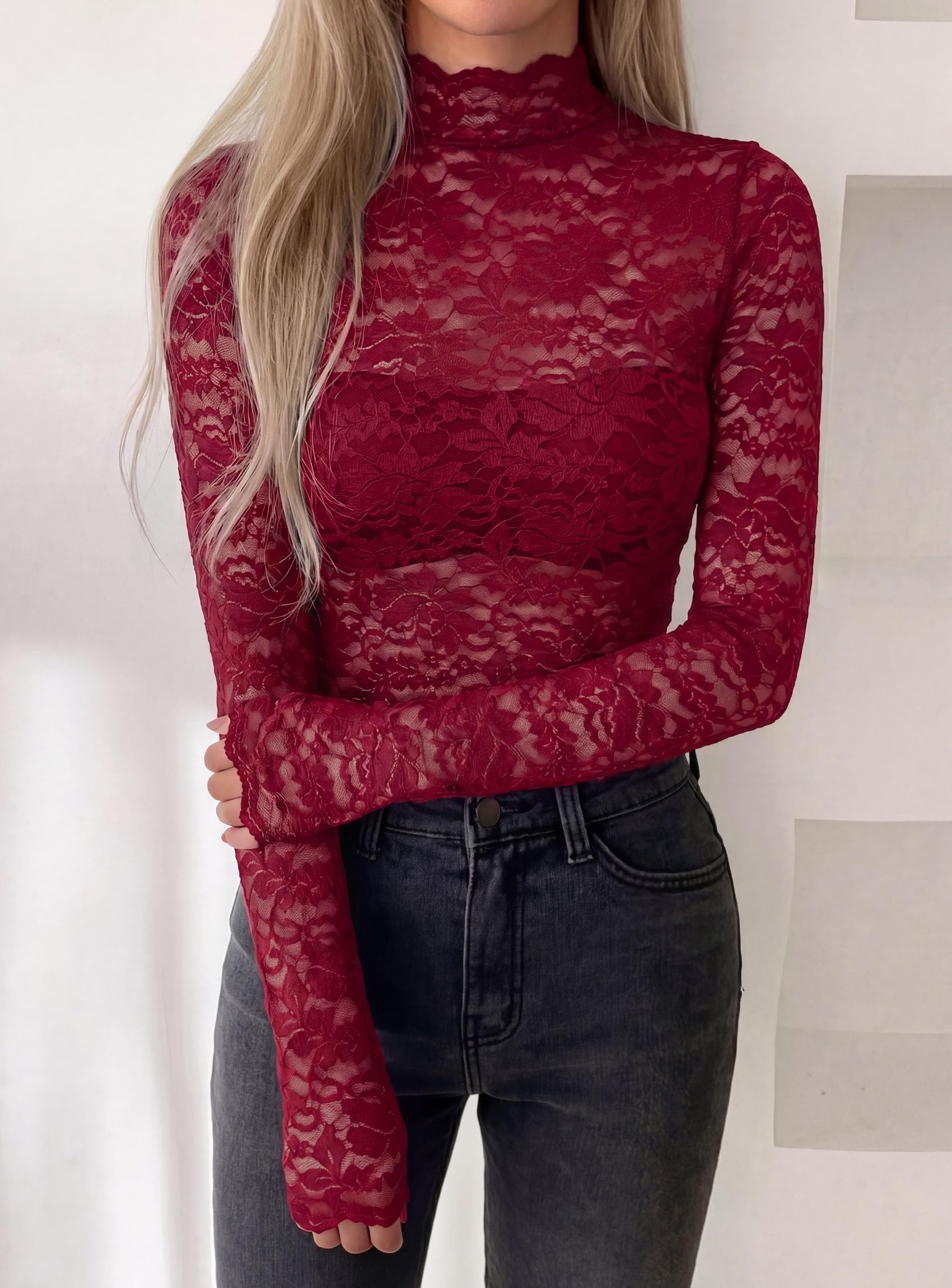 Womens Lace Long Sleeve Tops Sheer Mesh Blouse Wine Red,S