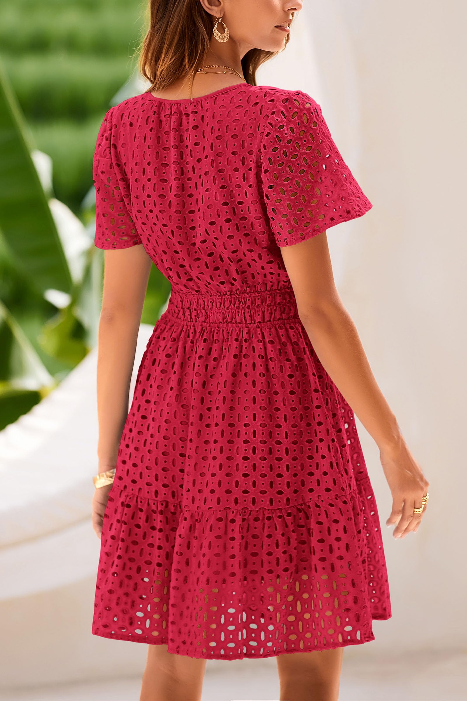 Women's Summer Eyelet Lace Short Dresses (Red,S)