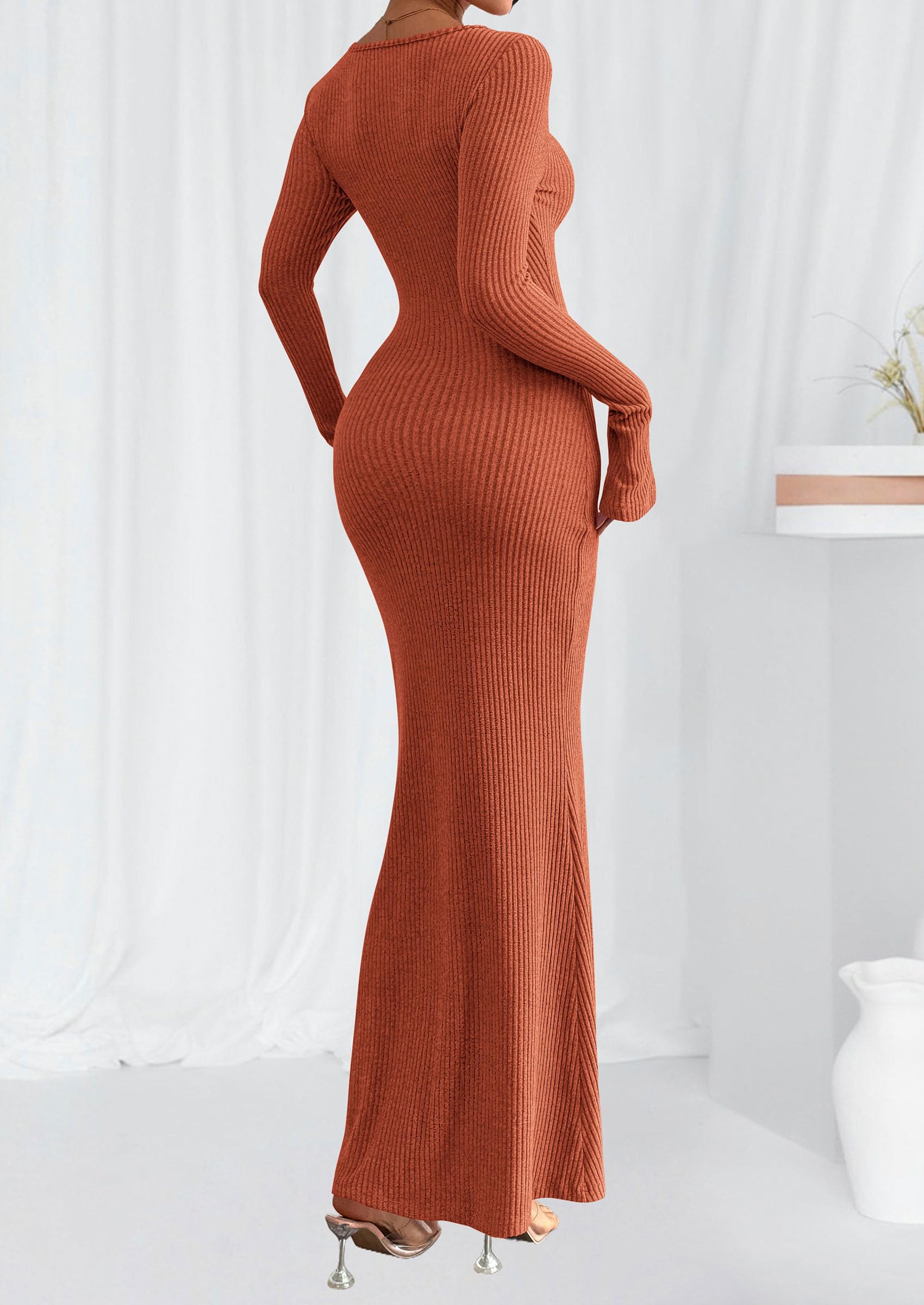 Women's Fall Long Sleeve Bodycon Maxi Dresses Burnt Orange,M