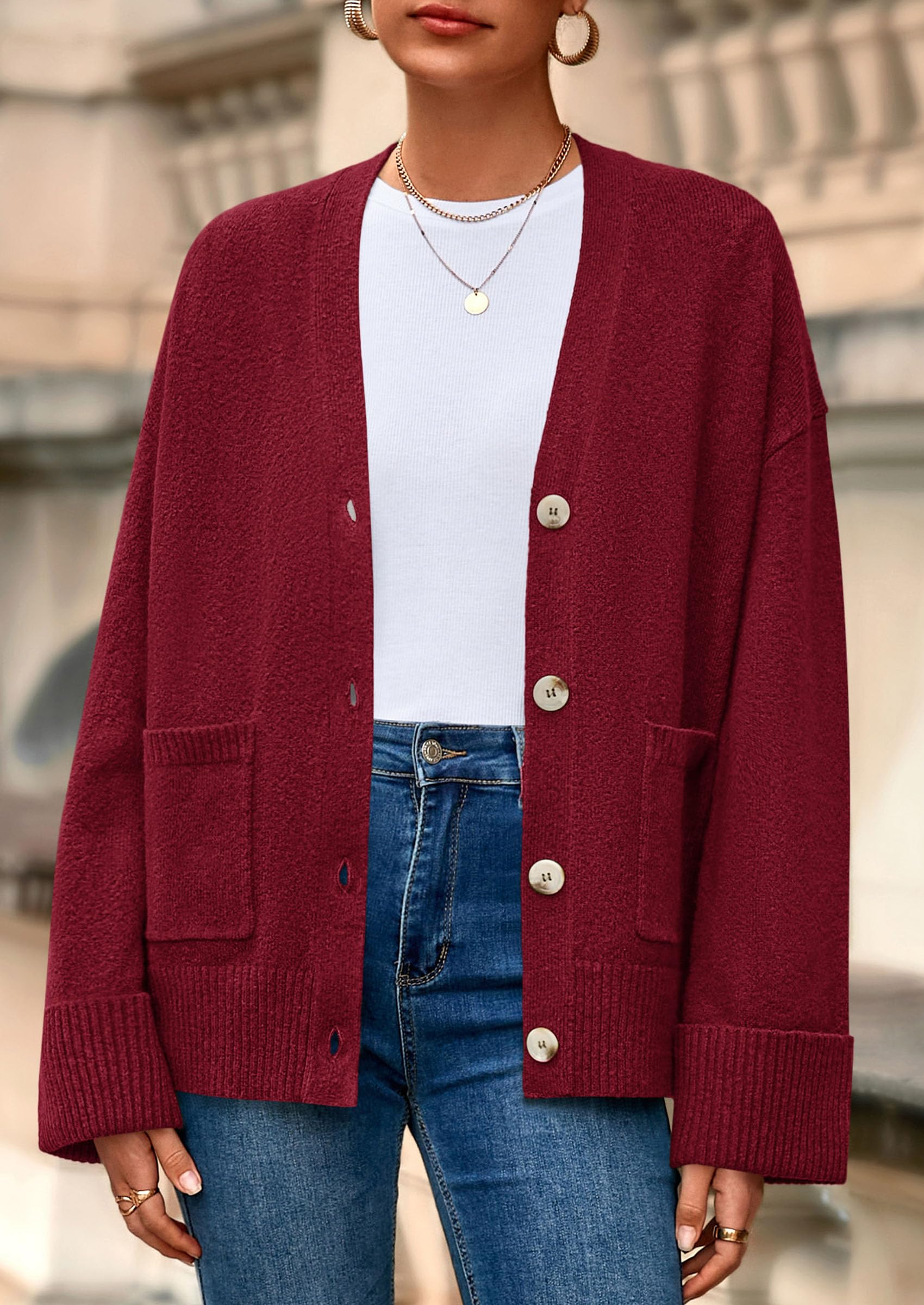 Women's Winter Oversized Cardigan Sweaters (Burgundy,S)