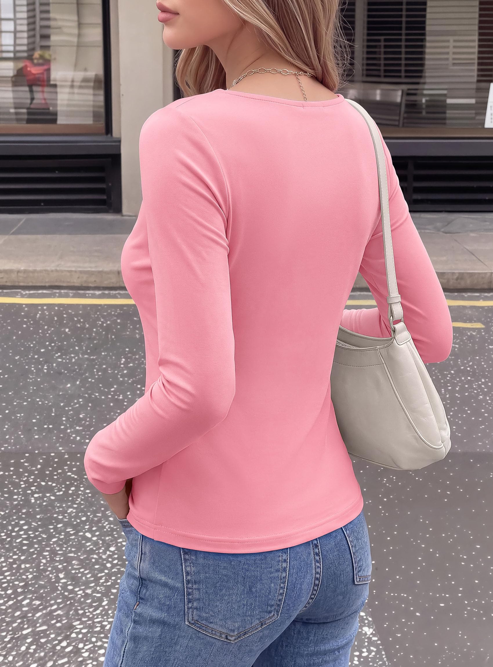 Cowl Neck Tops for Women Fashion Long Sleeve Shirt Pink