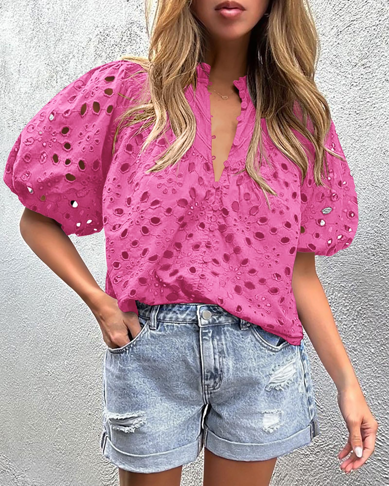 Womens Tops Boho Eyelet Puff Sleeve Blouse, Rose Pink,S