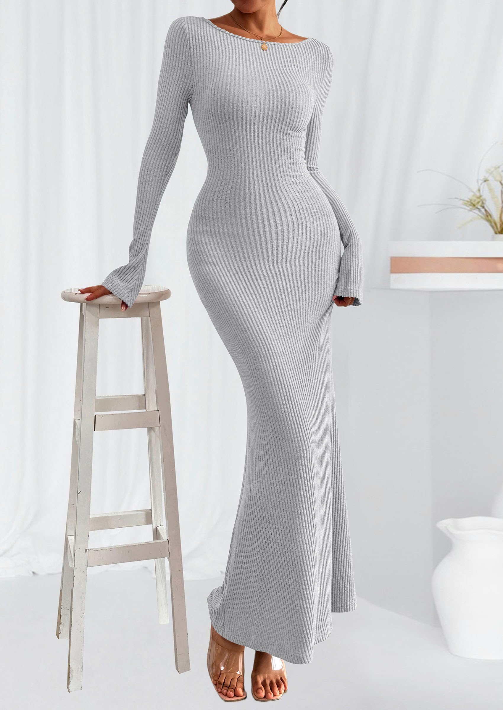 Women's Fall Long Sleeve Bodycon Maxi Dresses (Grey,XS)