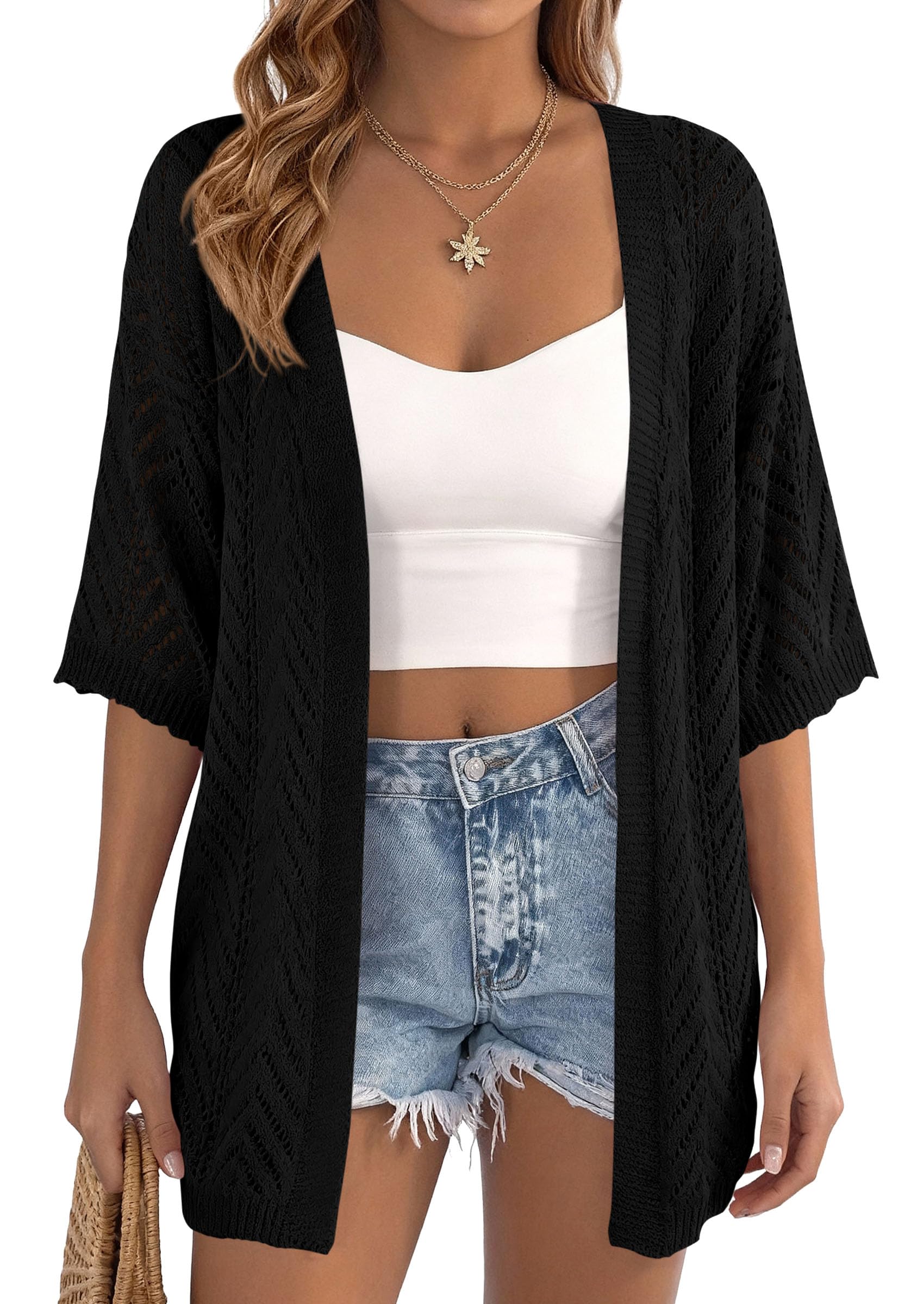 Women Lightweight Summer Short Sleeve Cardigan, Black,S