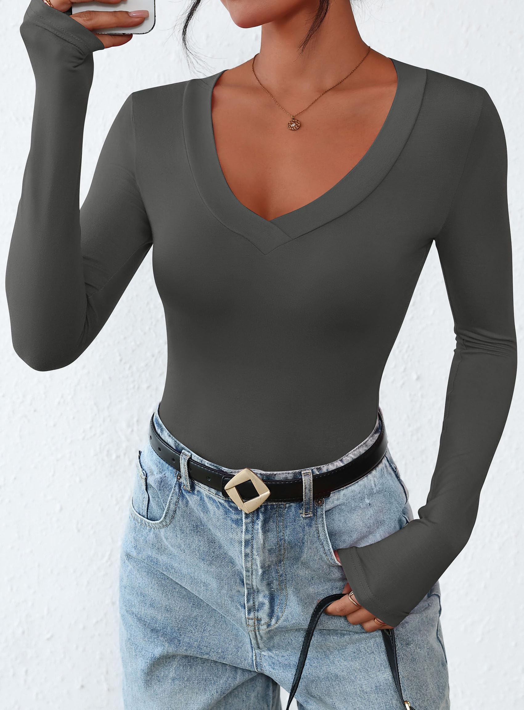 Women's V Neck Long Sleeve Shirts,Dark Grey,X-S