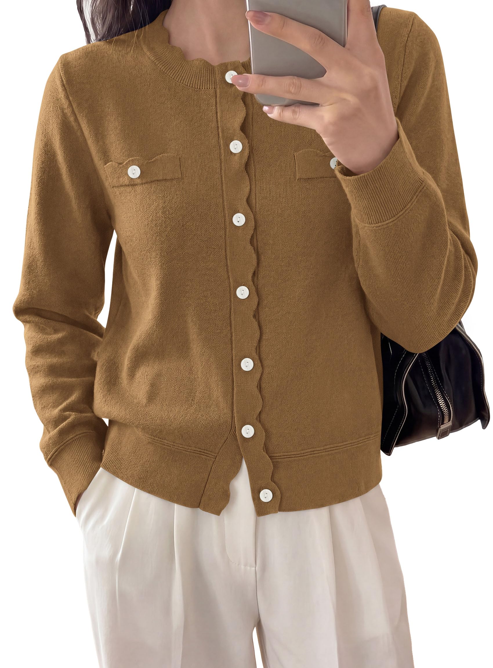Womens Lightweight Cardigan Sweaters Scalloped Trim Fall Tops