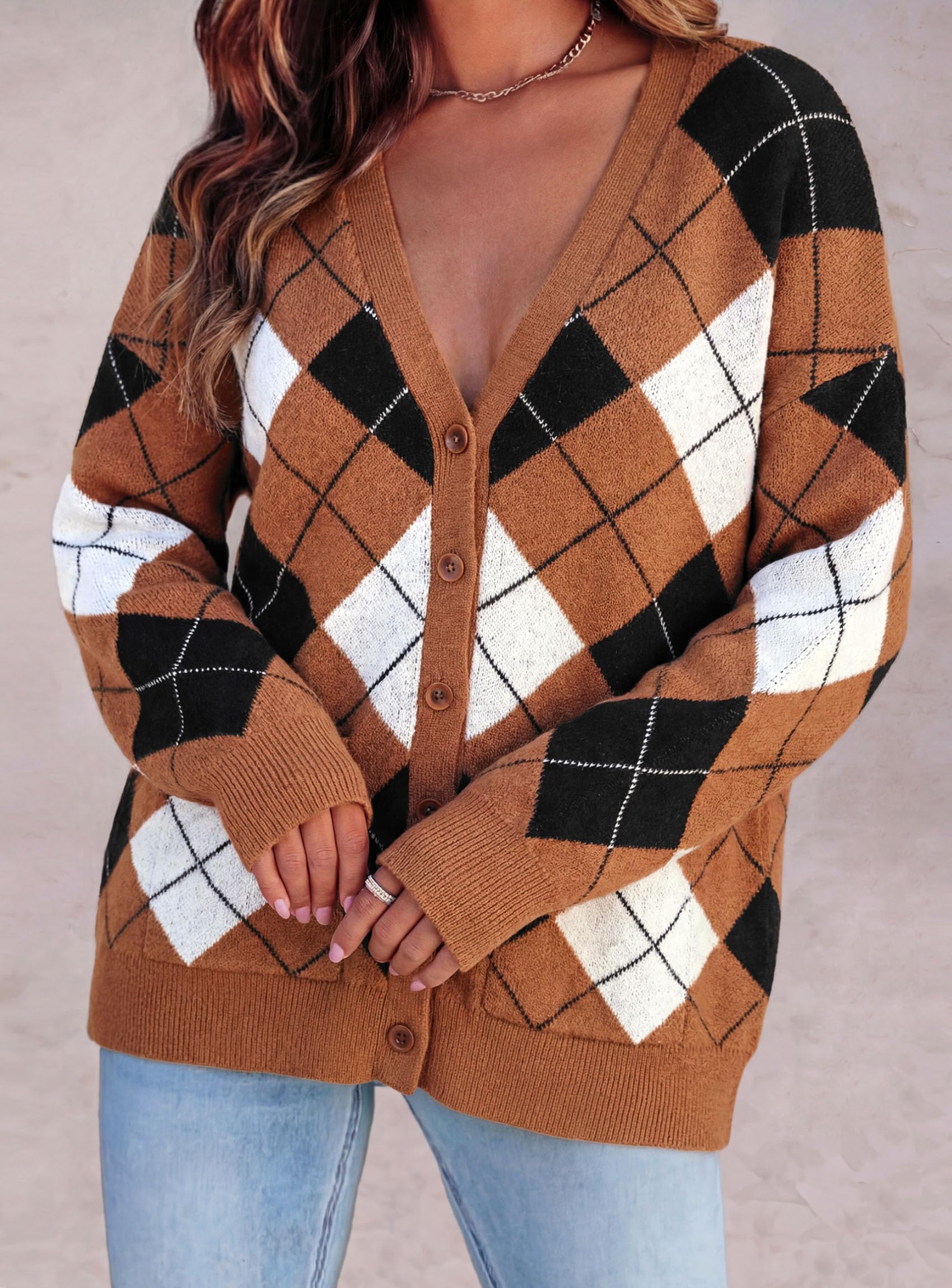 Women's Cardigan Argyle Winter Sweaters (Plaid Brown,S)