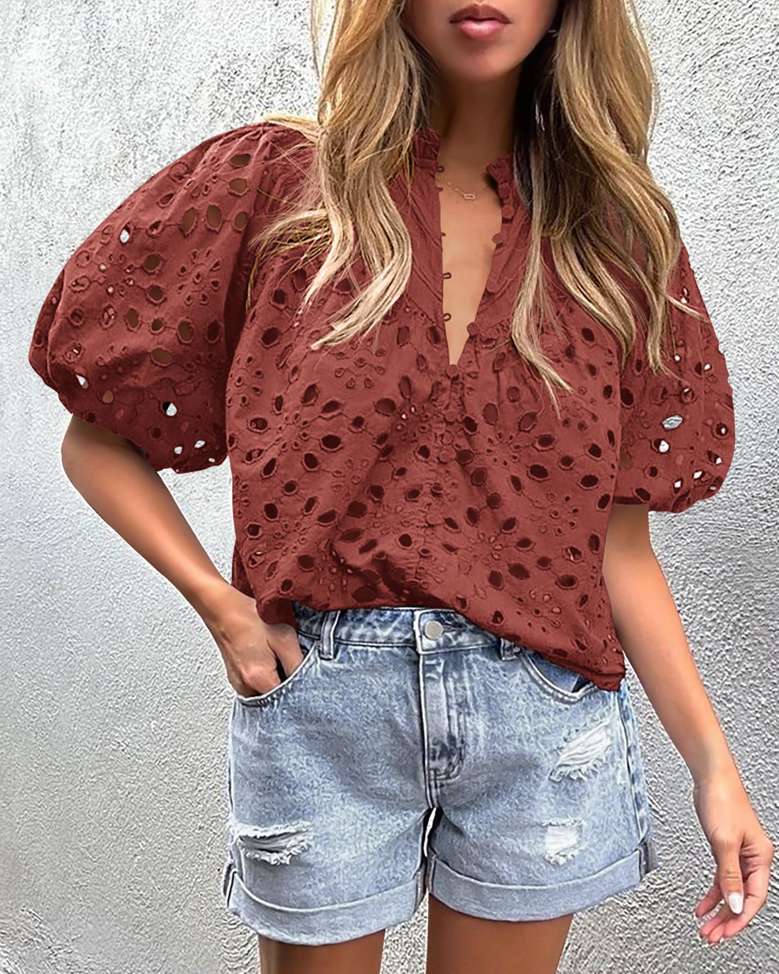 Womens Tops Boho Eyelet Puff Sleeve Blouse, Brown Red,S