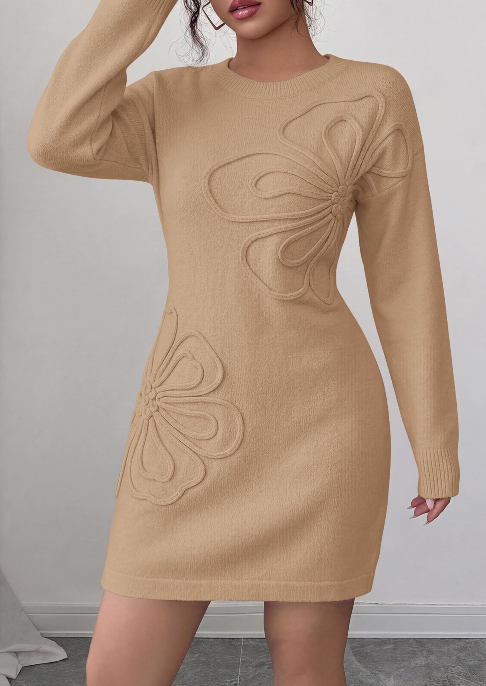 Women's Embroidered Long Sleeve Bodycon Mini Sweater Dress