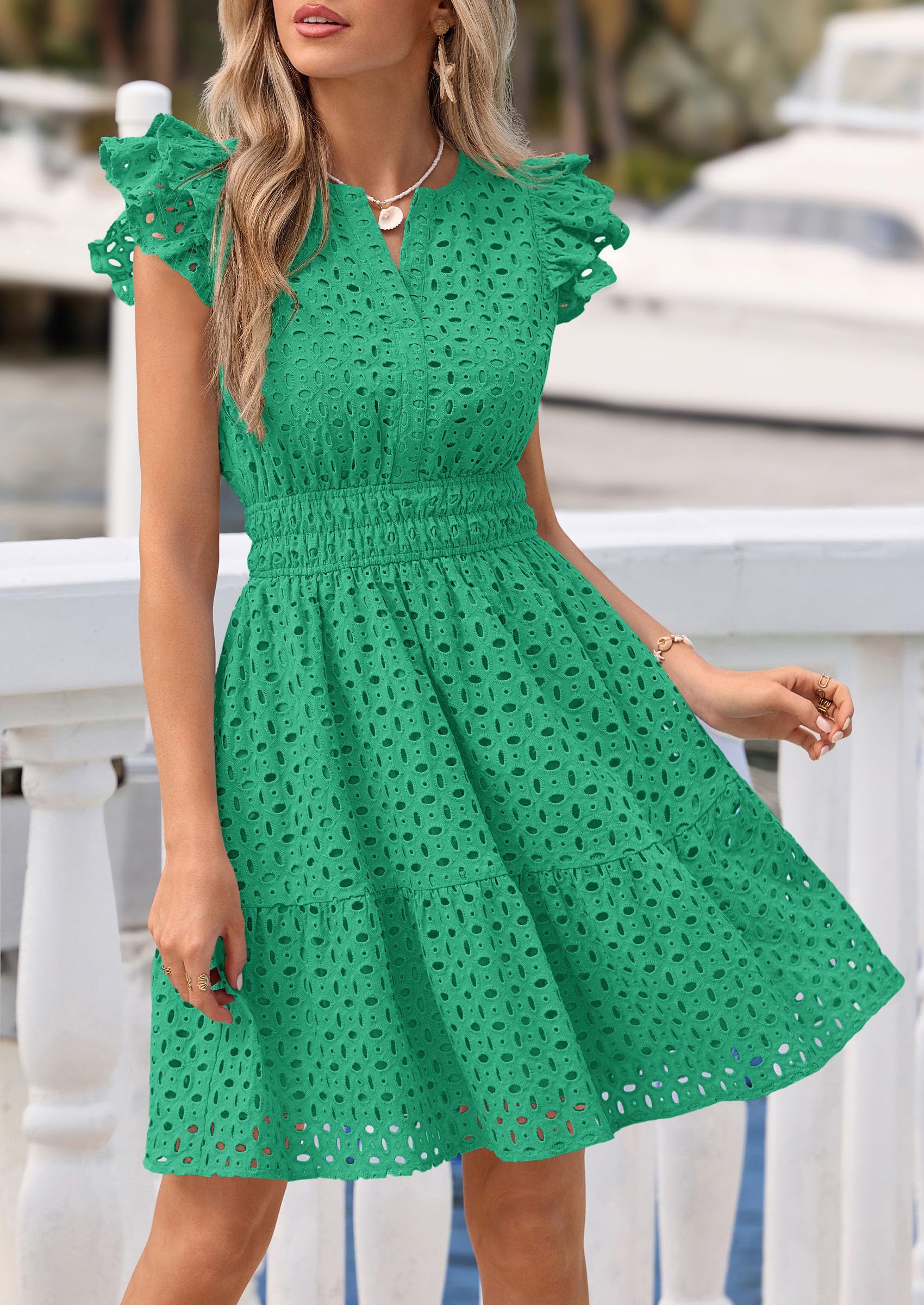 Women's Summer V Neck Eyelet Short Dress (Green,Small)