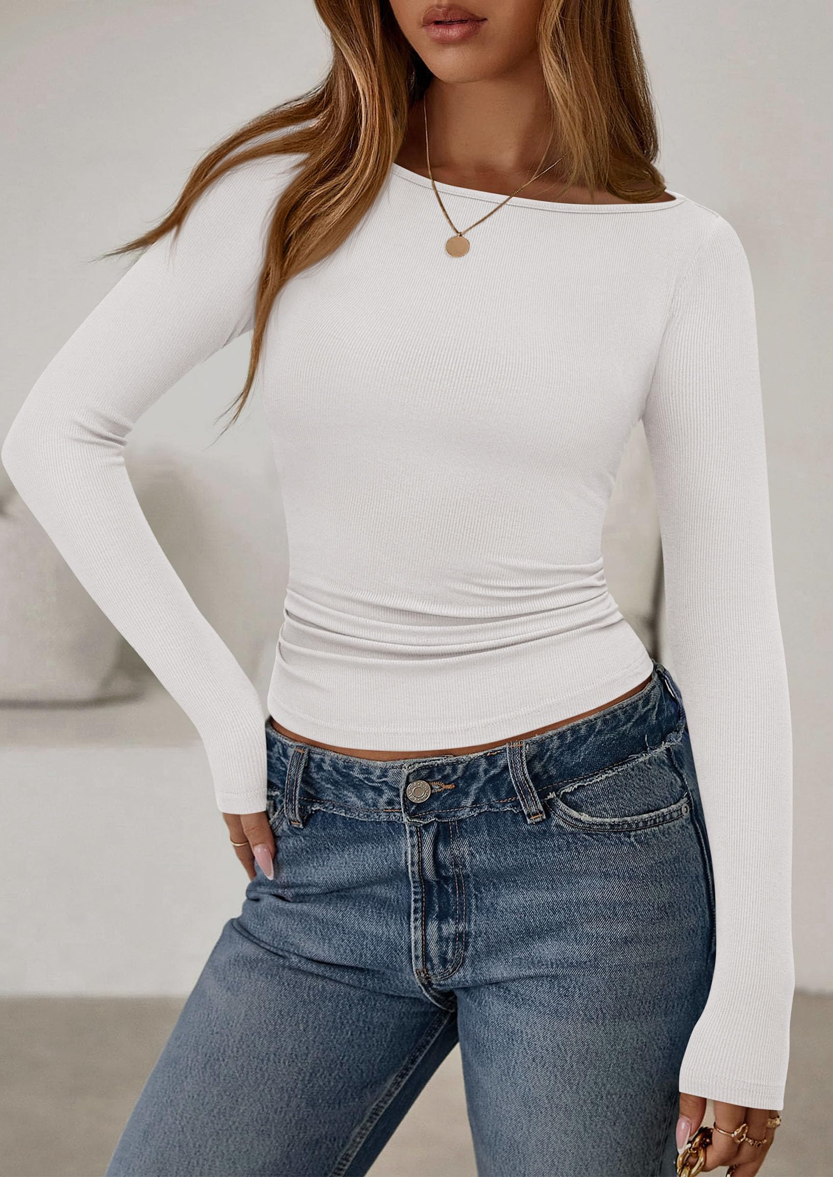 Long Sleeve T Shirts for Women Basic Ribbed Boat Neck Tops