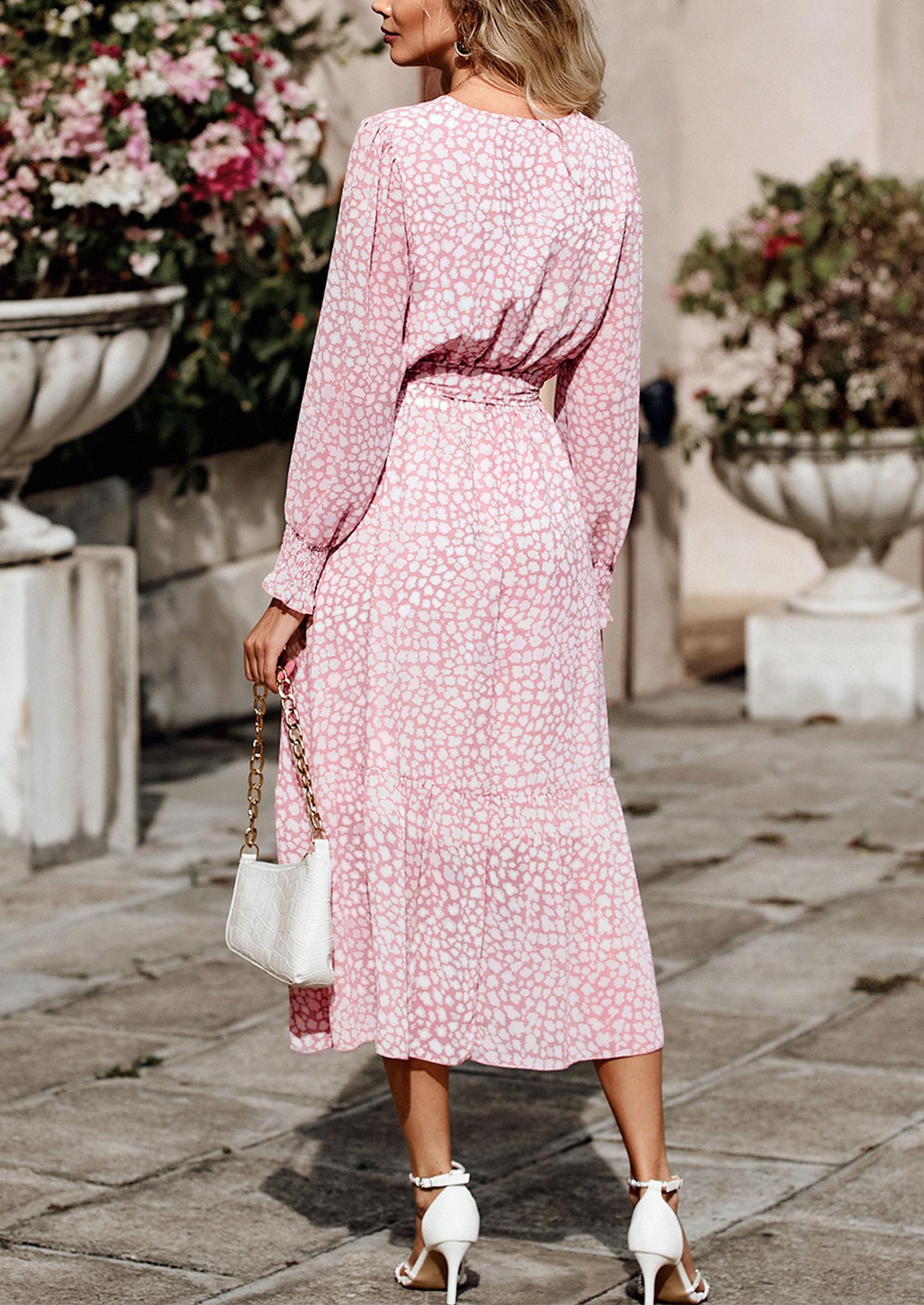 Women's Floral Boho Long Sleeve Maxi Dress, Pink,M