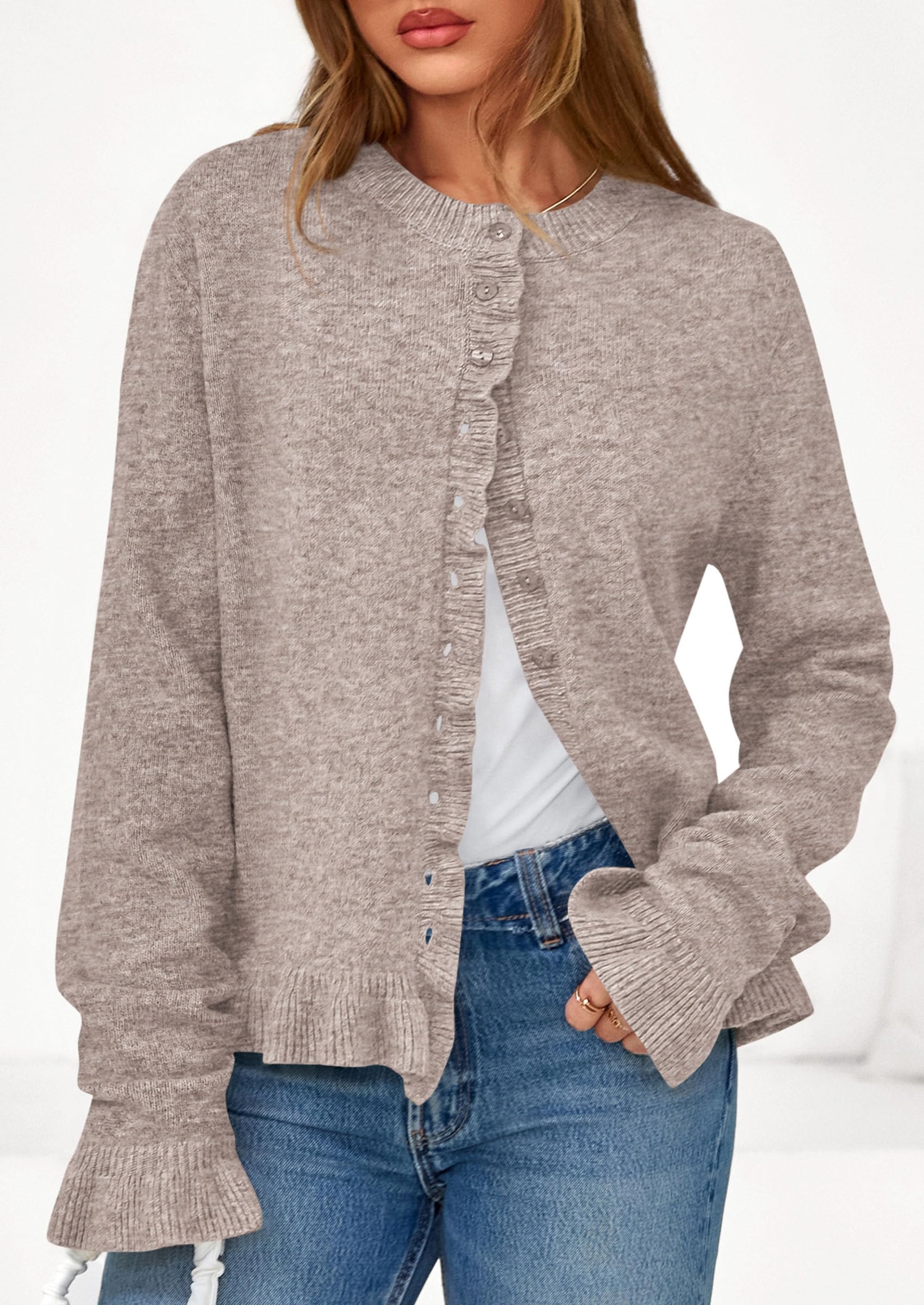 Womens Ruffle Button Down Cardigan Sweaters,Oatmeal,S