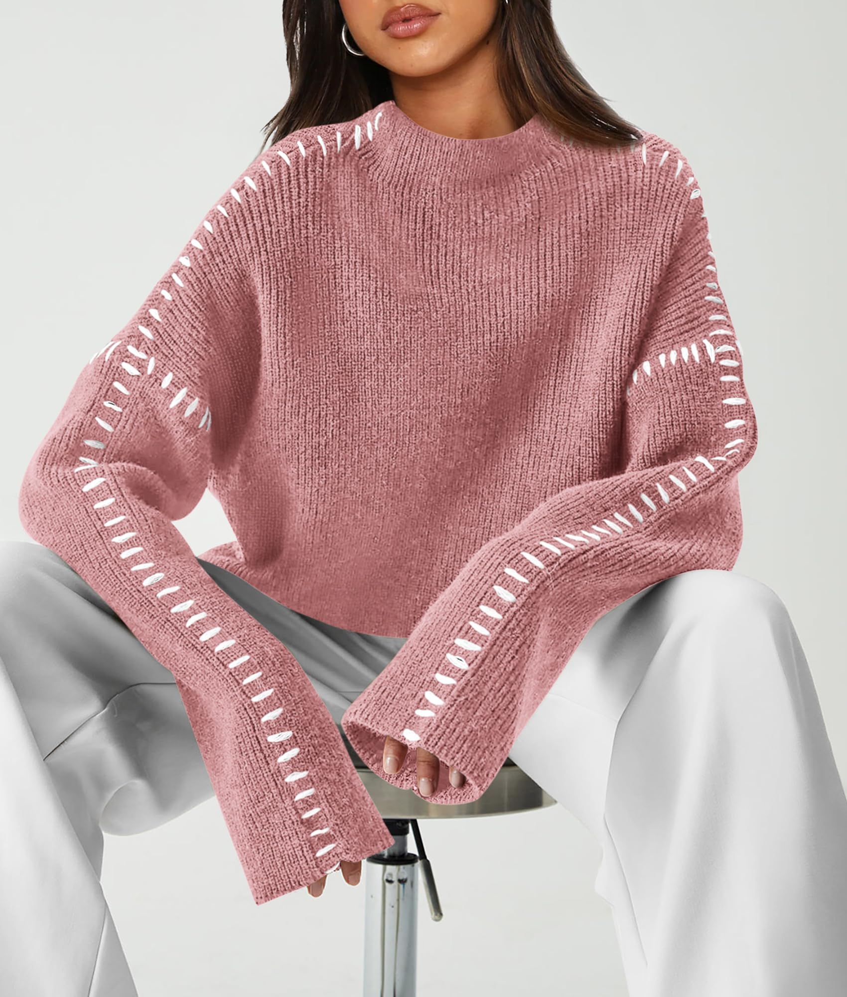 Womens Chunky Knit Oversized Pullover Sweaters,Grey Pink,S