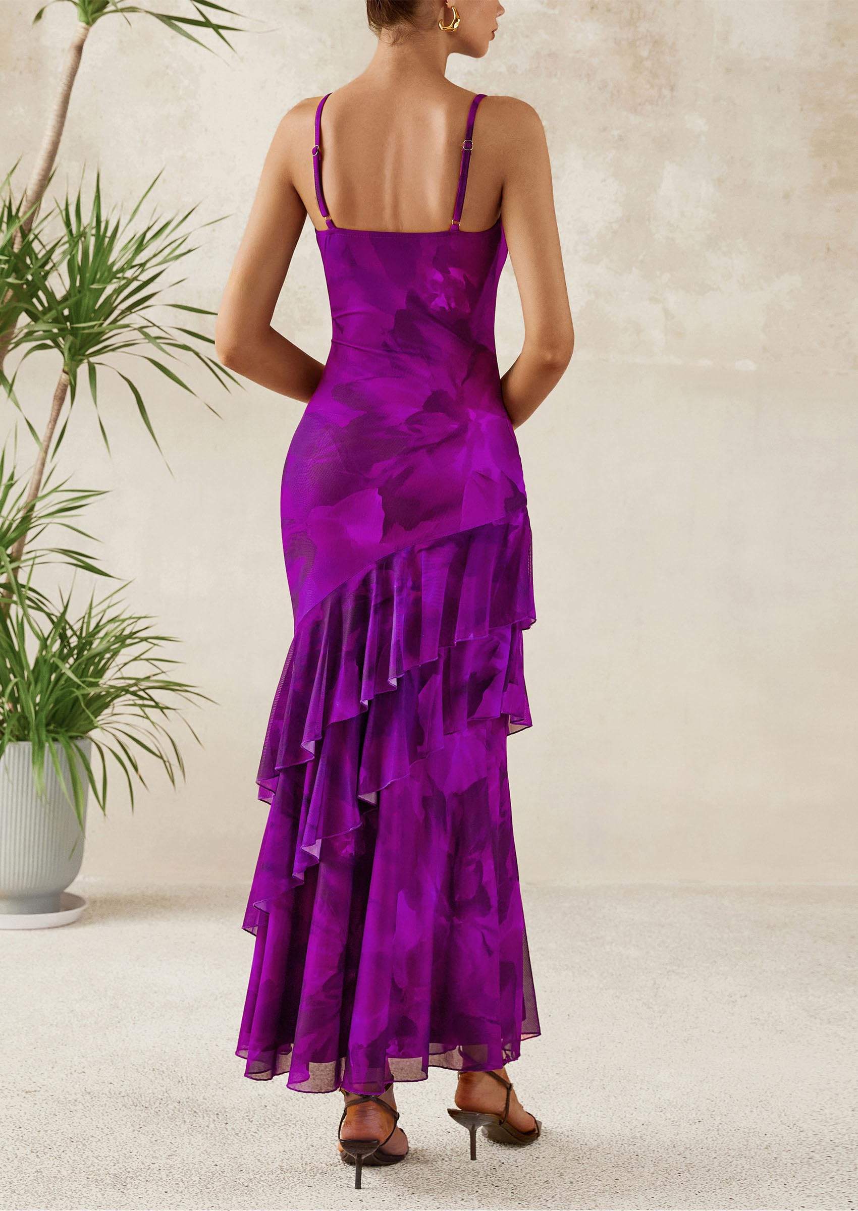 Women's Boho Floral Tiered Maxi Dress, Print Purple,XS