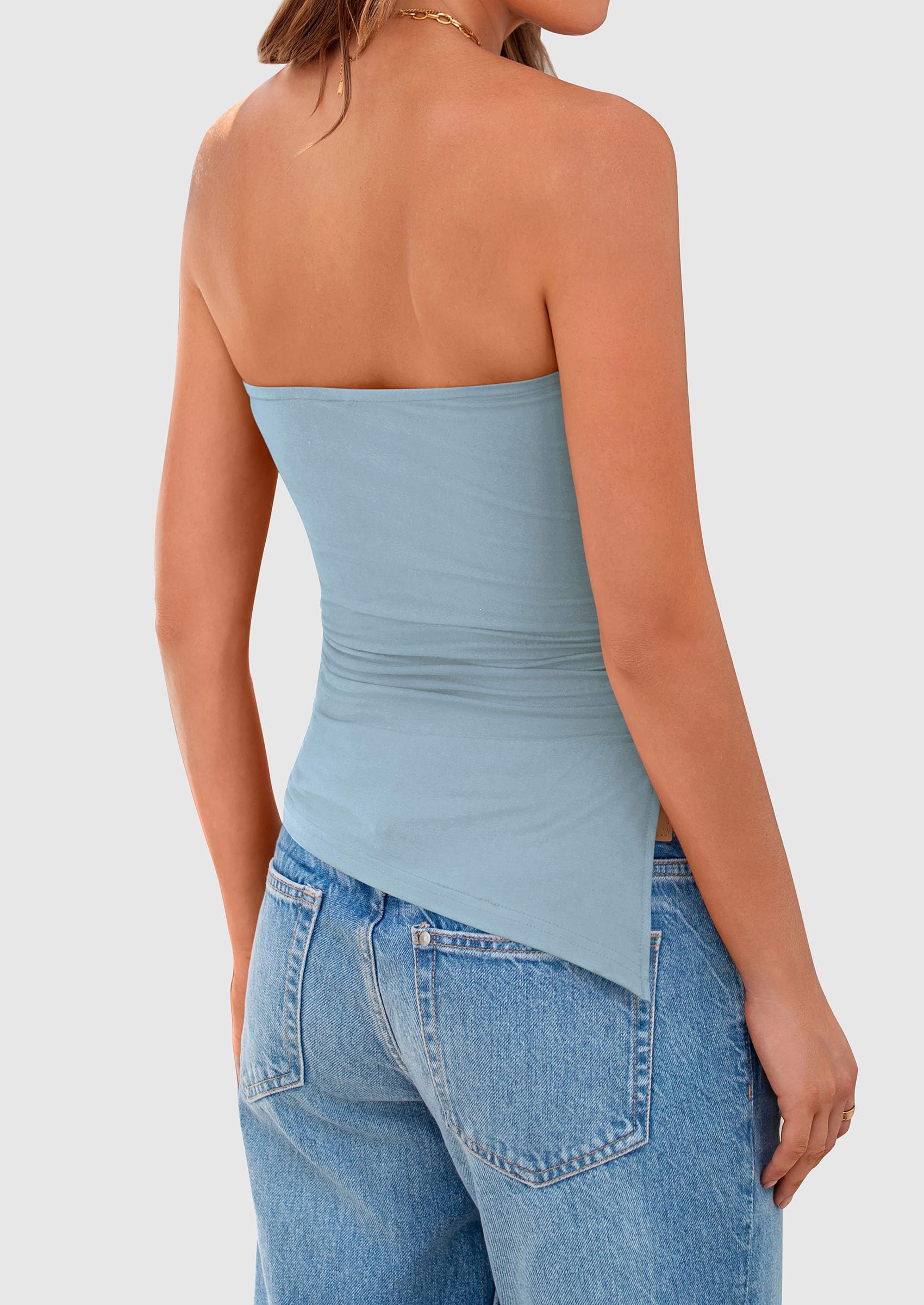 Women's Asymmetrical Strapless Tube Top, Light Grey Blue,S