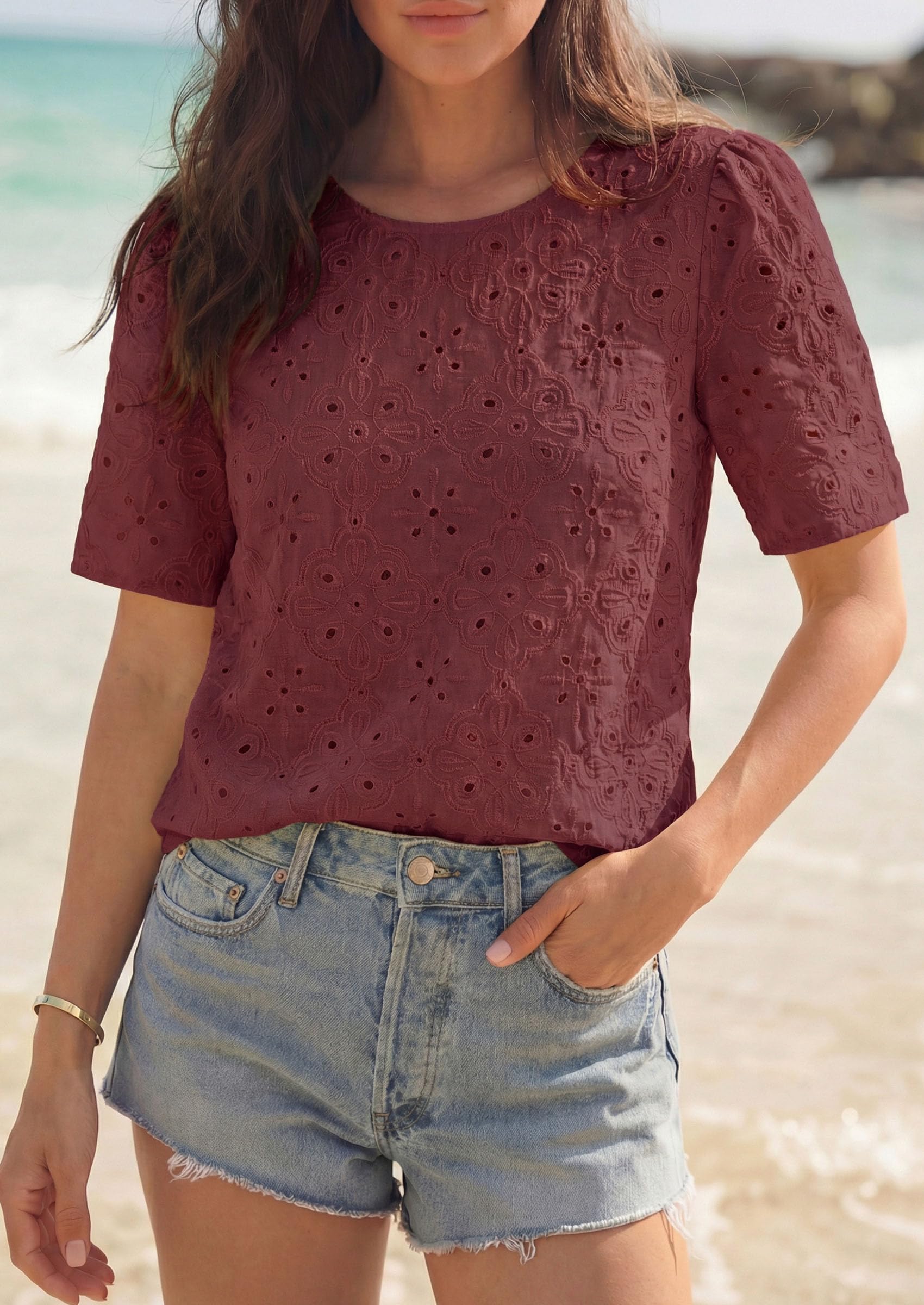 Women's Embroidered Eyelet Short Sleeve Blouse, Brown Red,XS