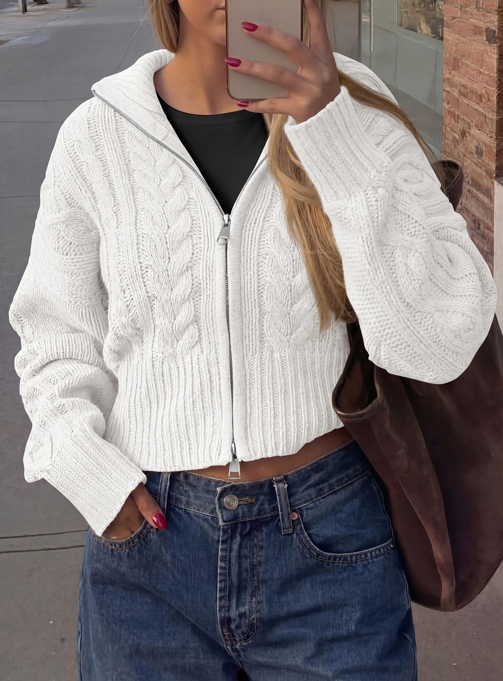 Women's Zip Up Cardigan Sweaters Cropped Jackets Fall Outfits