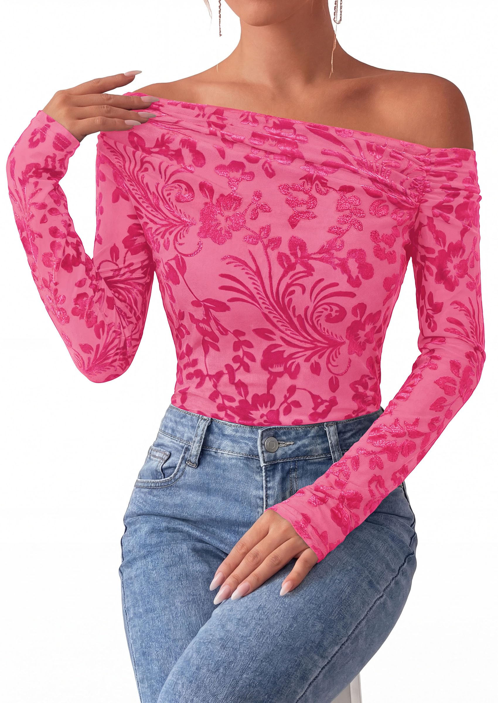 Off the Shoulder Tops for Women Fall Mesh Floral Blouses