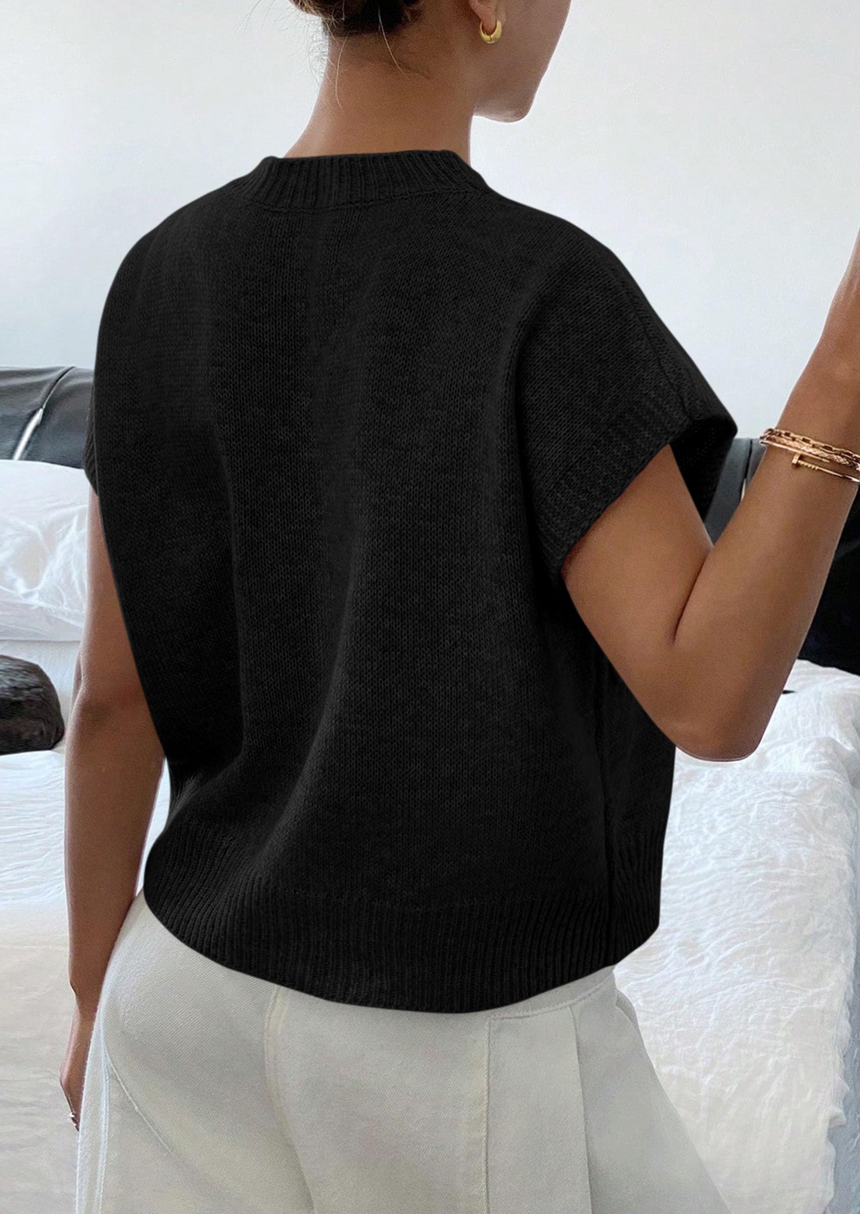 Women's Summer Short Cap Sleeve Sweater Vest (Black,S)