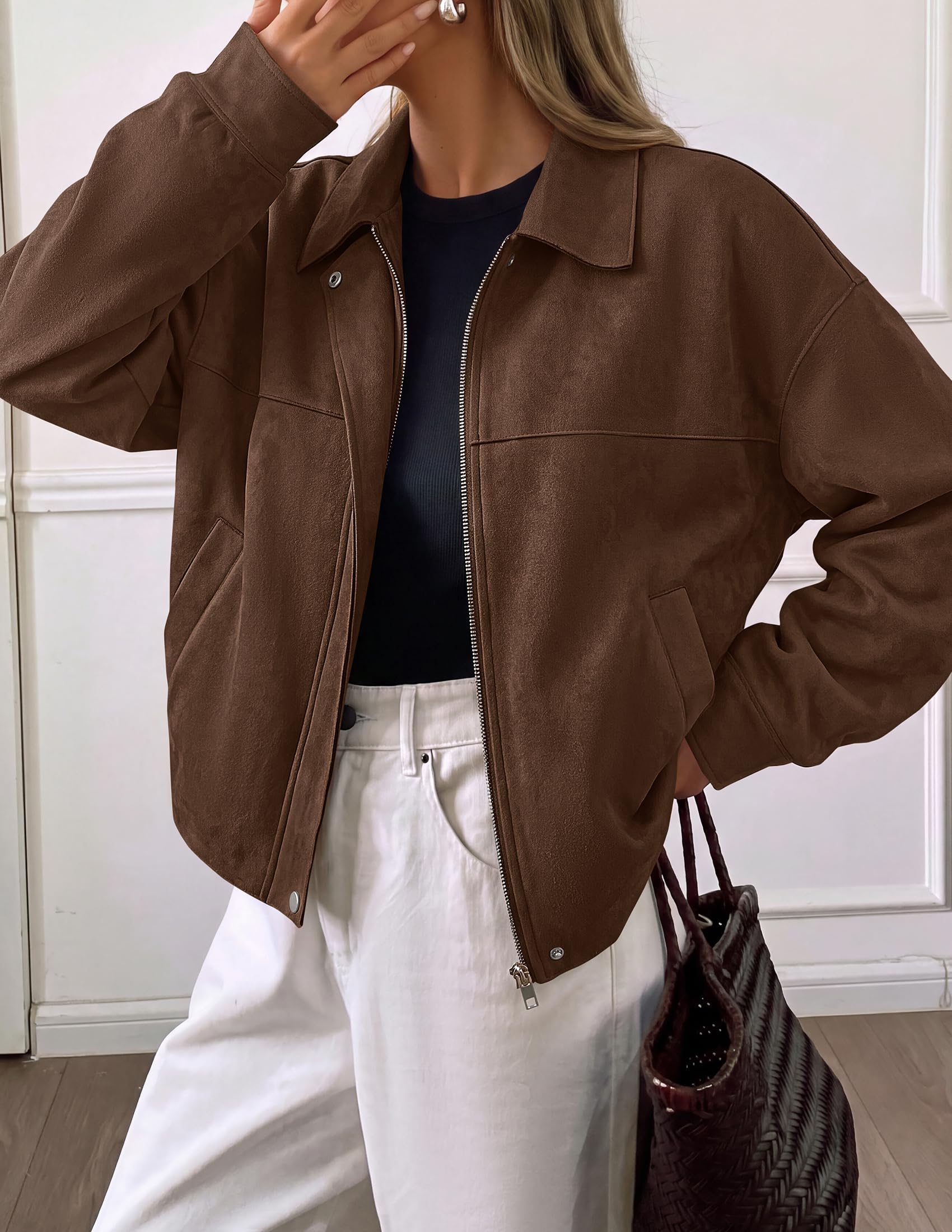 Women's Faux Suede Cropped Fall Jackets,Dark Brown,S