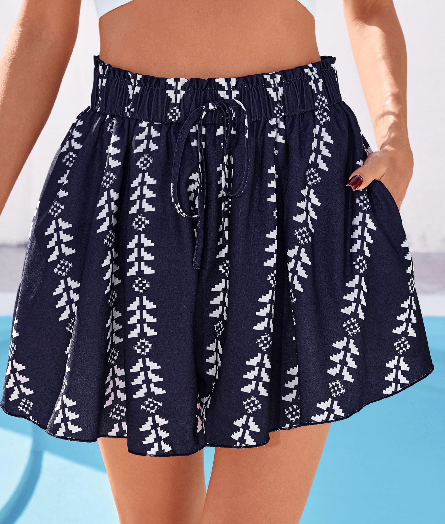 Women's Summer Wide Leg Flowy Shorts,Print Navy White,S