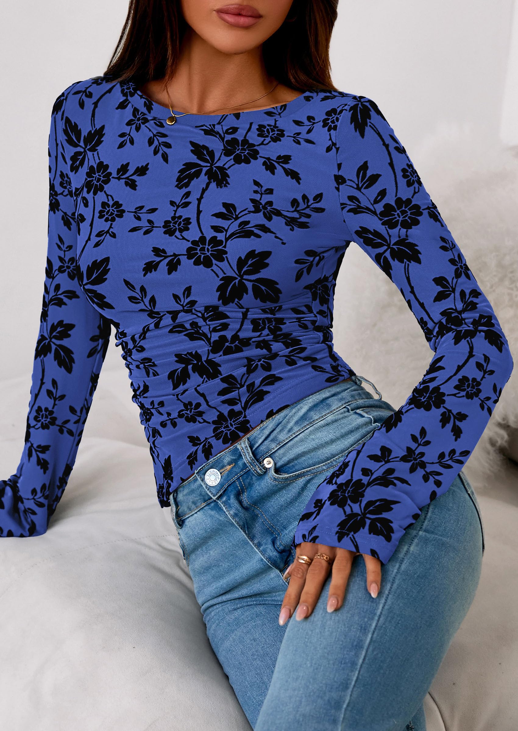 Women's Long Bell Sleeve Y2K Tops Boho Floral Mesh Blouses