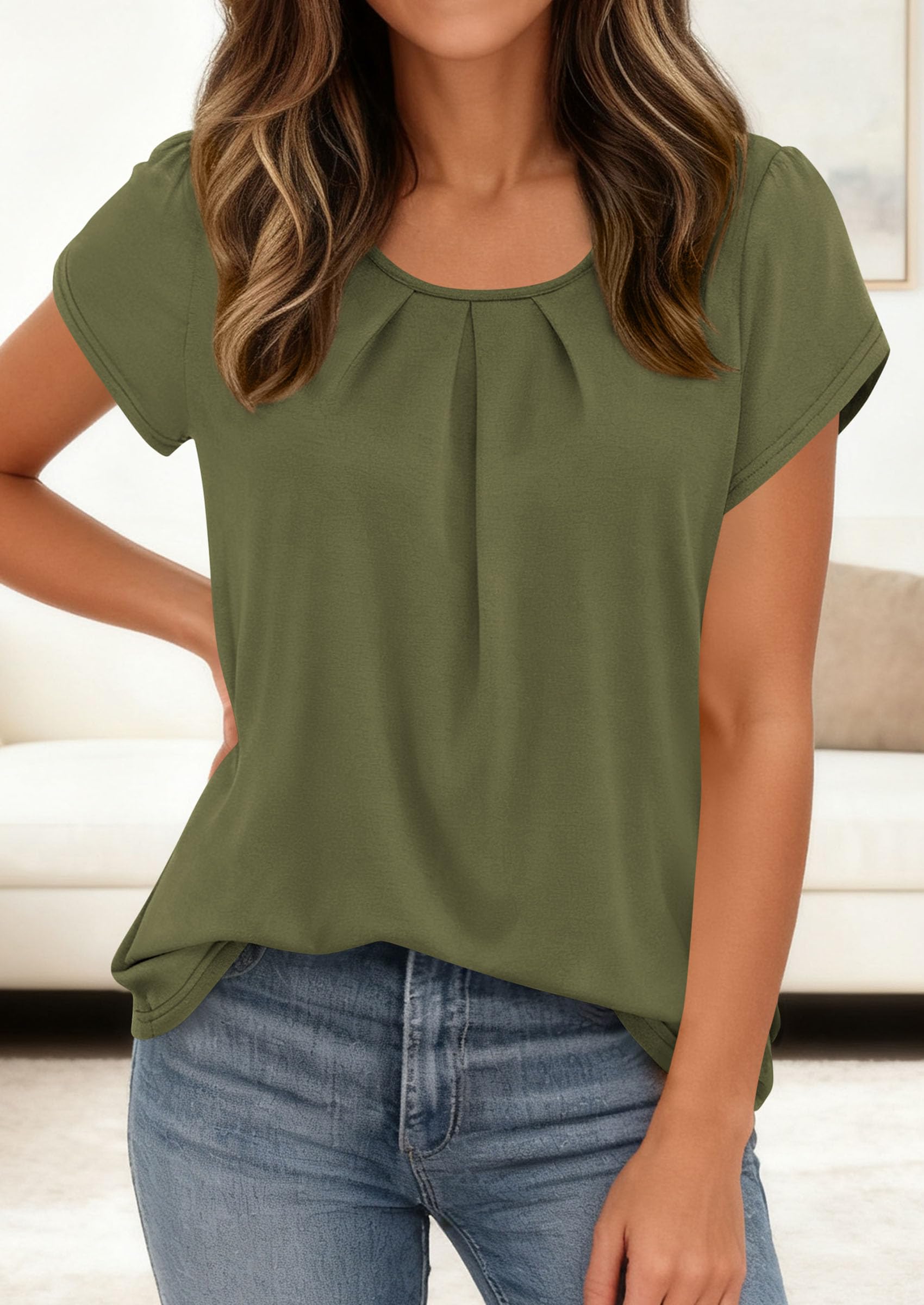 Women's Summer Short Sleeve Tops Casual Blouses,Army Green,S