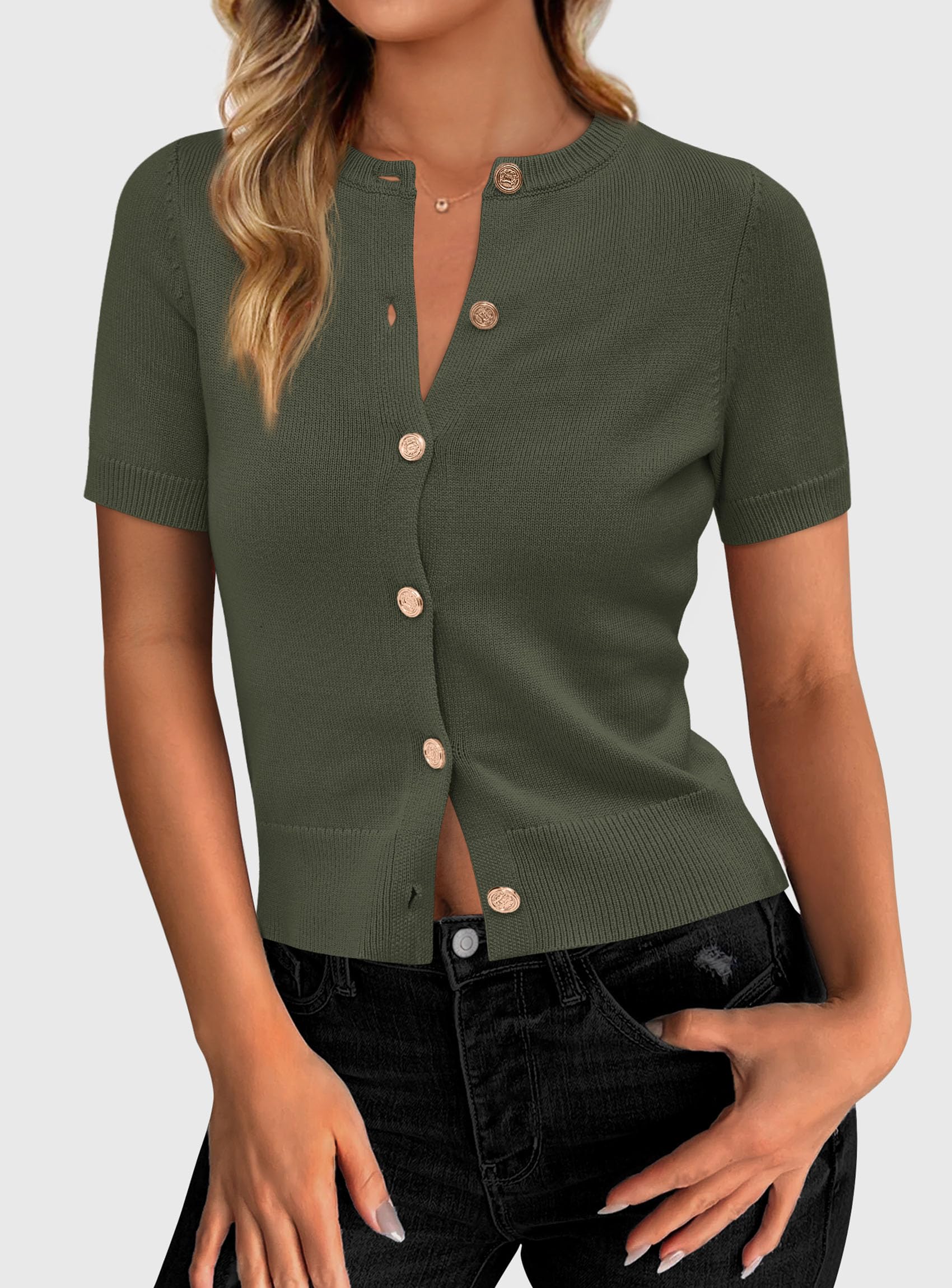 Womens Summer Cardigan Short Sleeve Sweater,Army Green,S