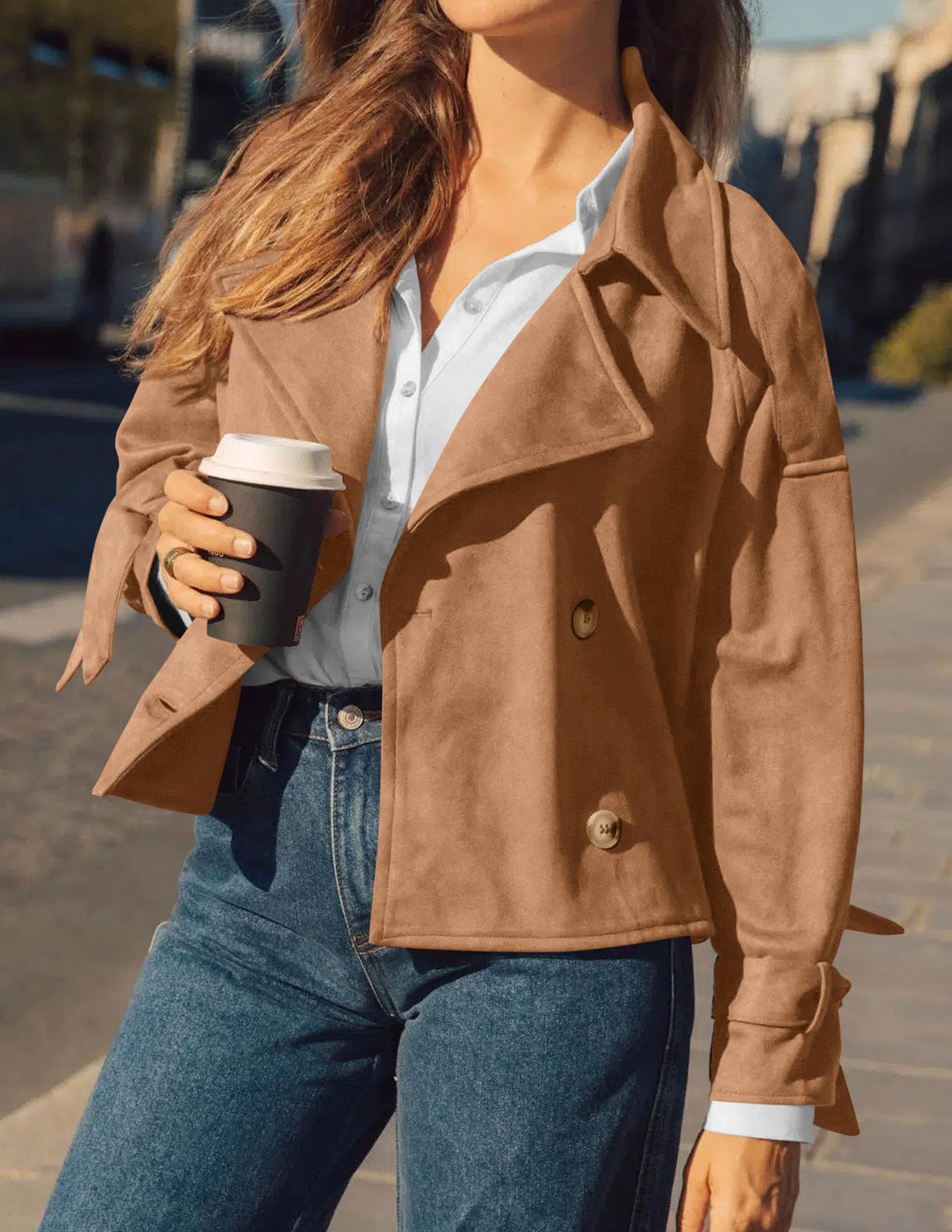 Women Faux Suede Double Breasted Trench Coat Cropped Jackets