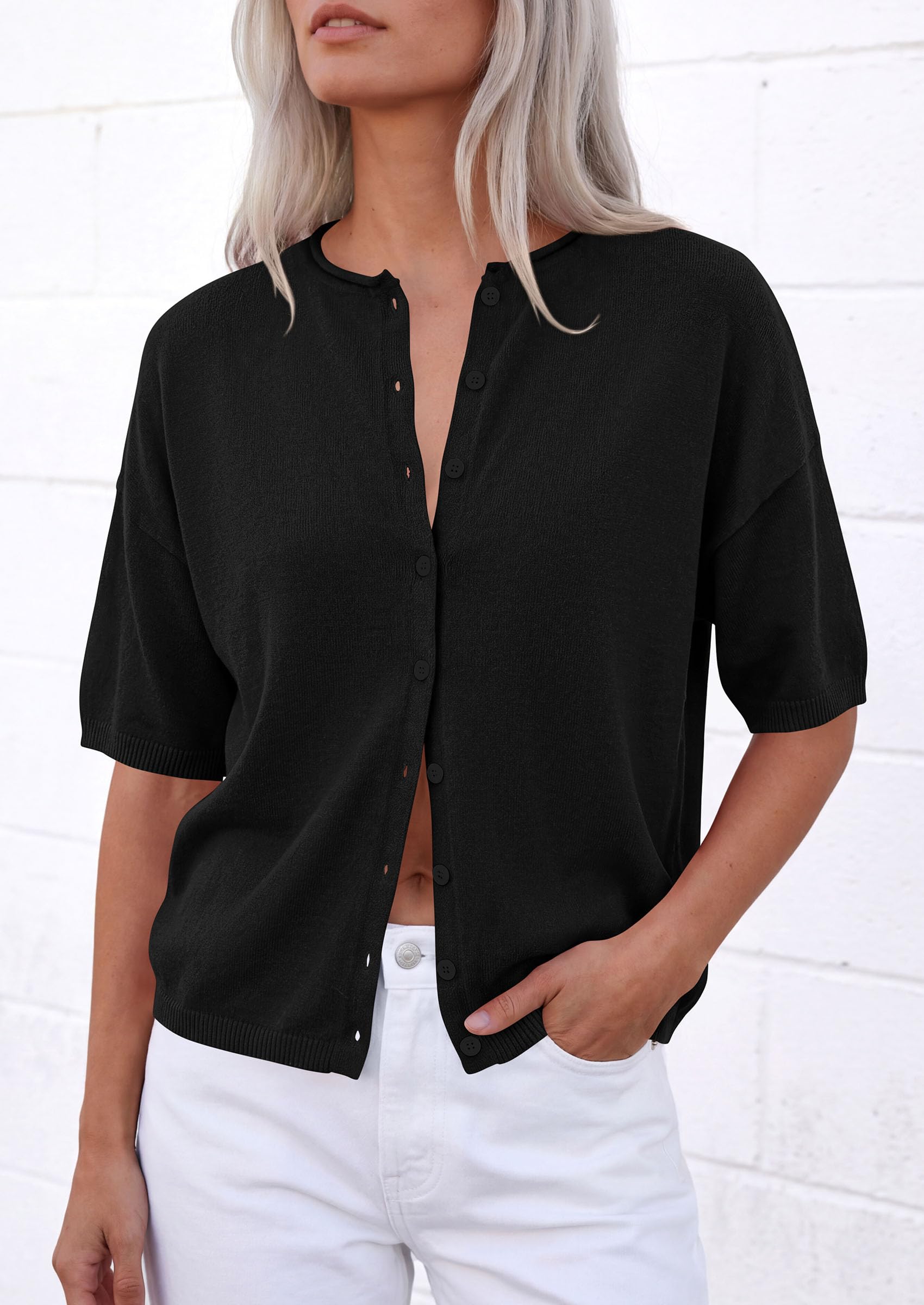Women's Short Sleeve Cardigan Sweaters (Black,Small)