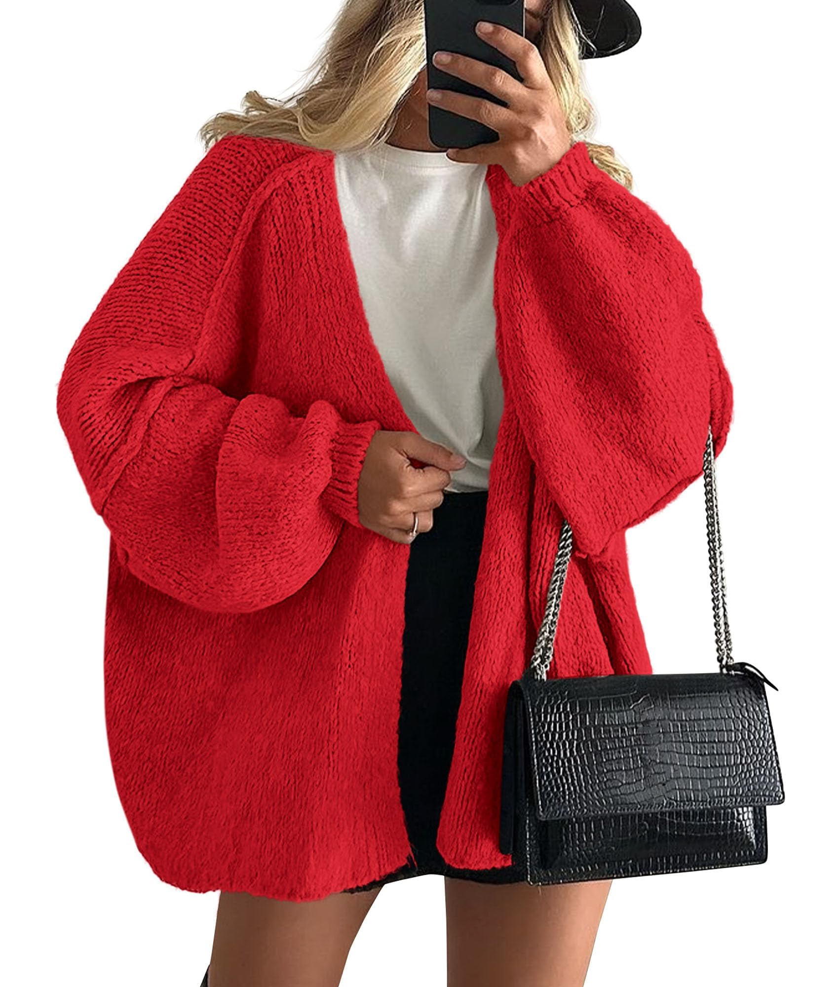 Womens Open Front Oversized Cardigan Sweaters,Red,XS