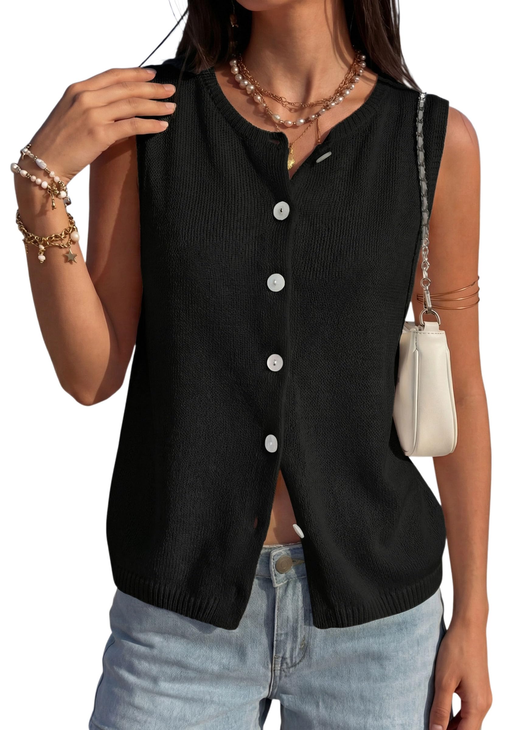 Women's Summer Button Up Sweater Vest Tops,Black,S