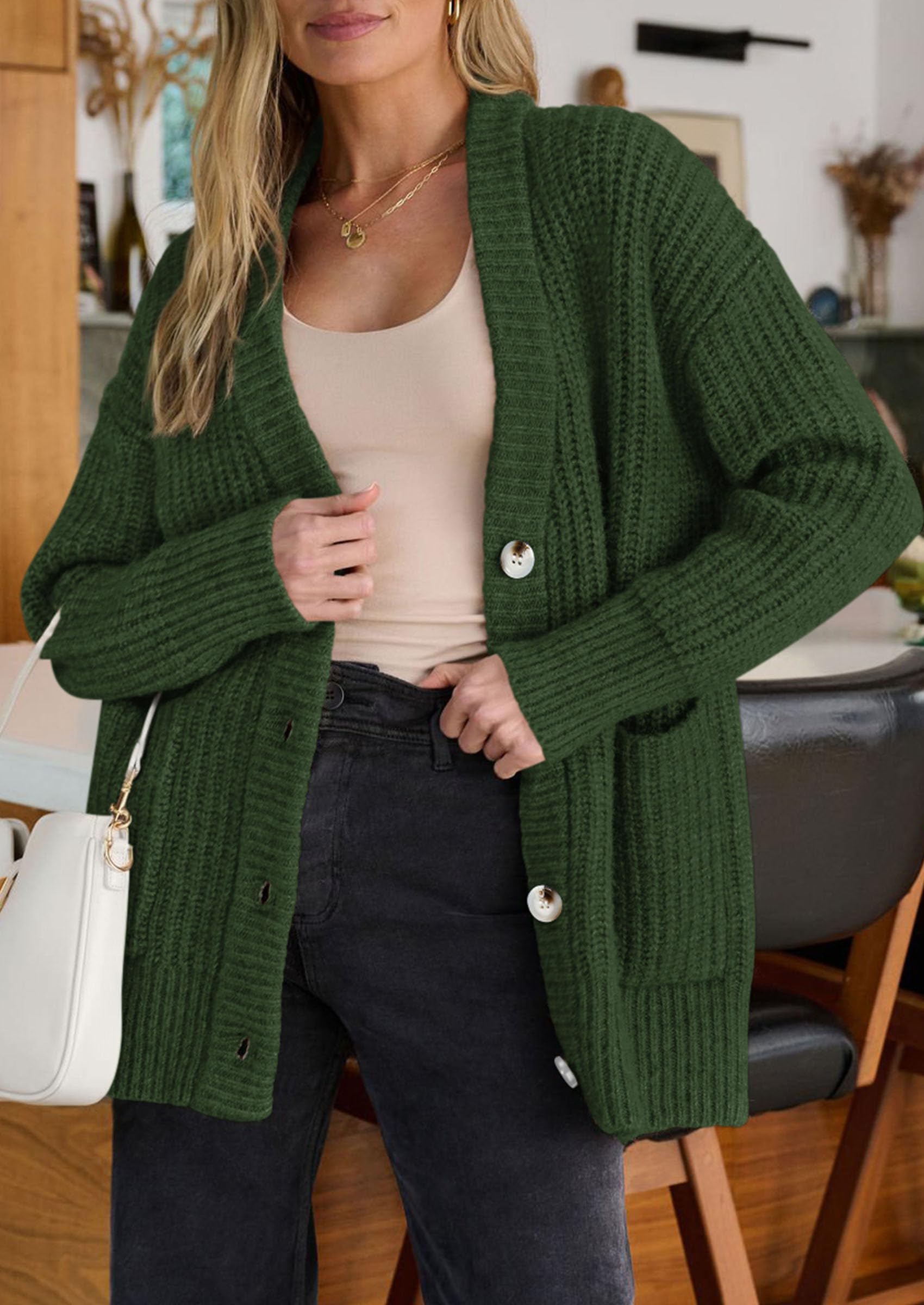 Oversized Cardigan Sweaters for Women Button Up,Army Green,S