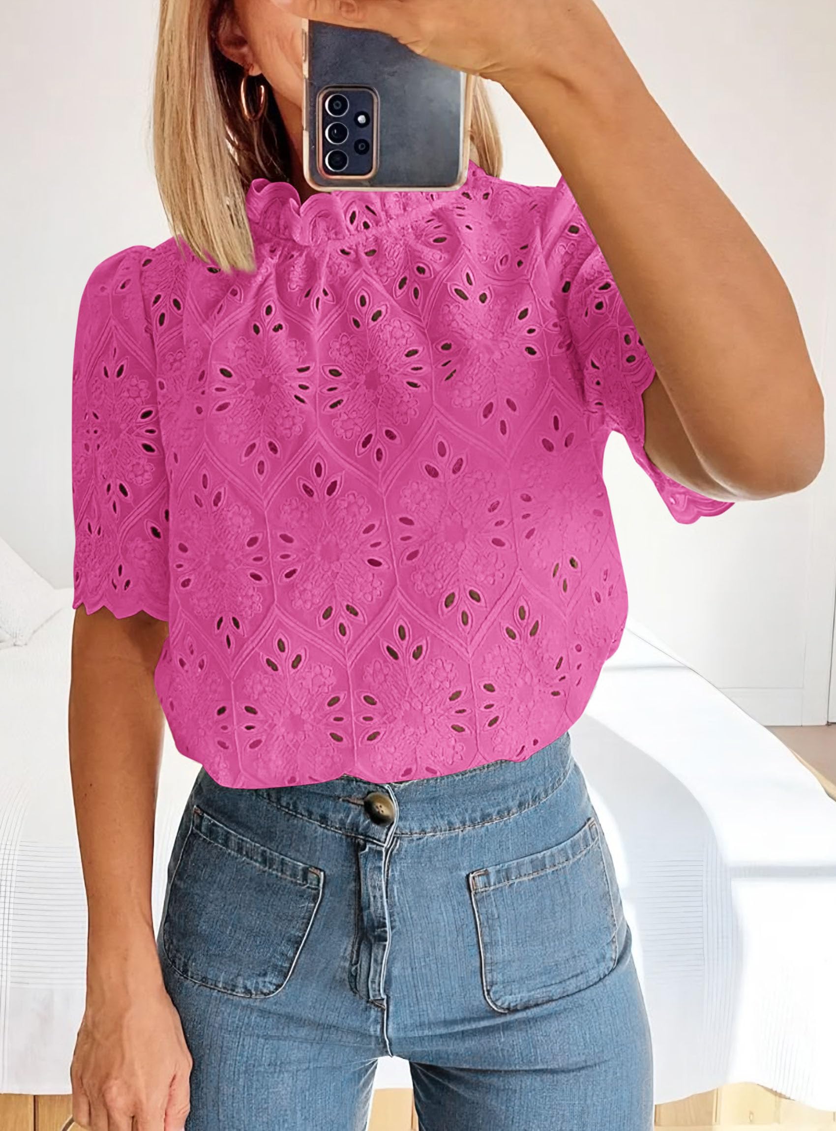 Women Summer Tops Eyelet Embroidered Shirts,Rose Red,XS