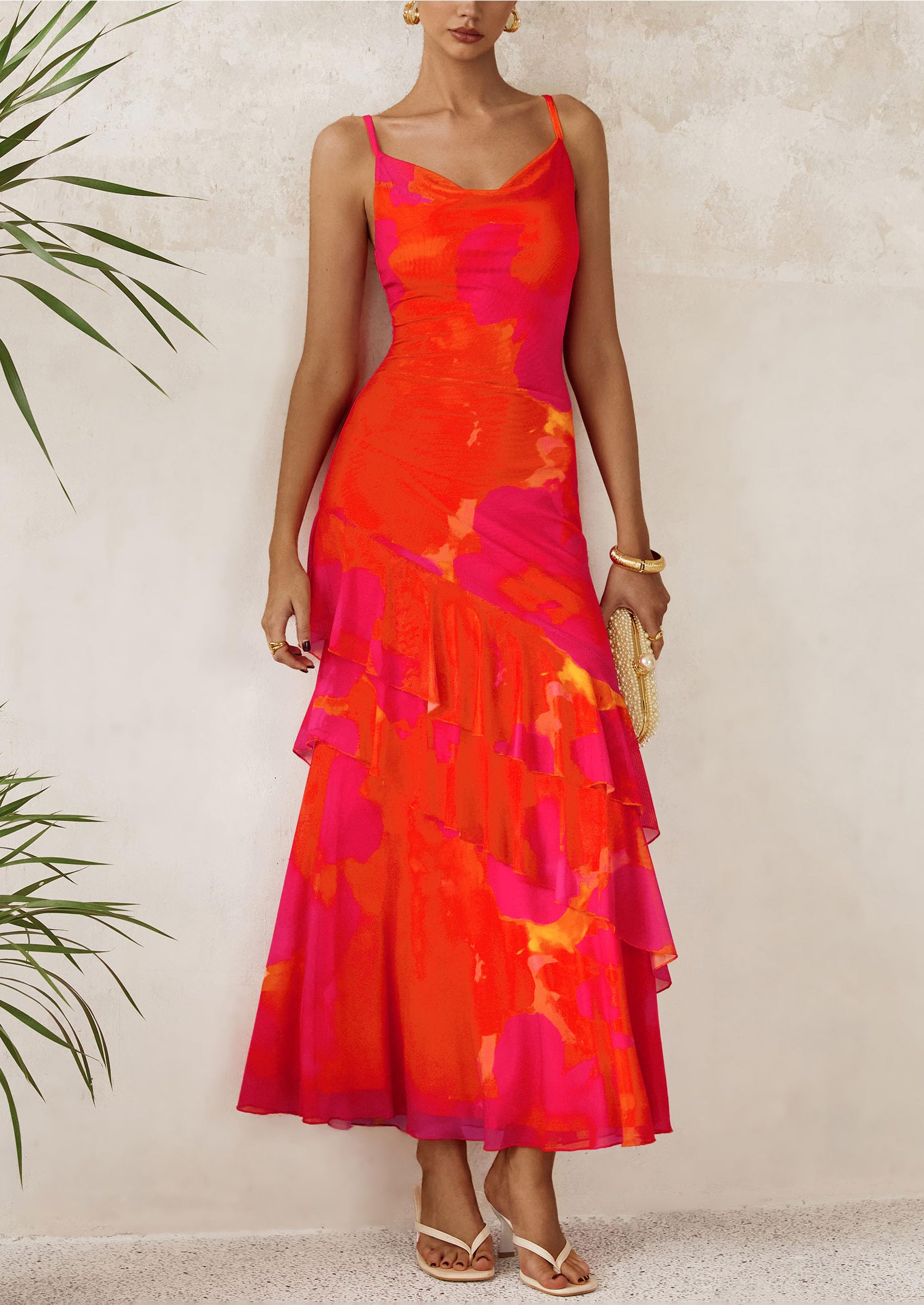 Women's Boho Floral Tiered Maxi Dress,Orange Red Big Floral,XS