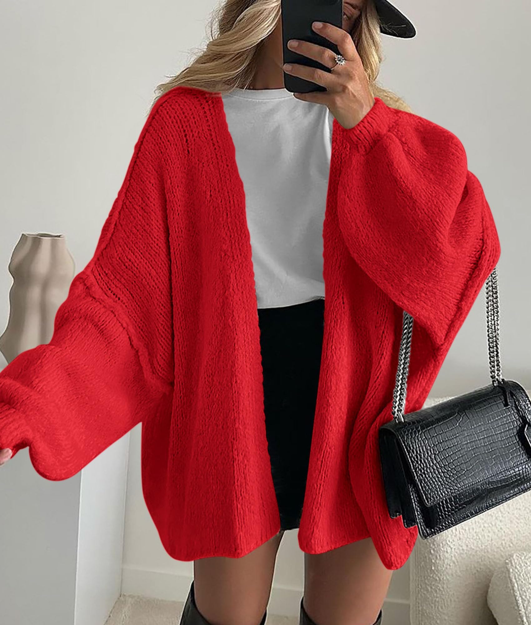 Womens Open Front Oversized Cardigan Sweaters,Red,XS