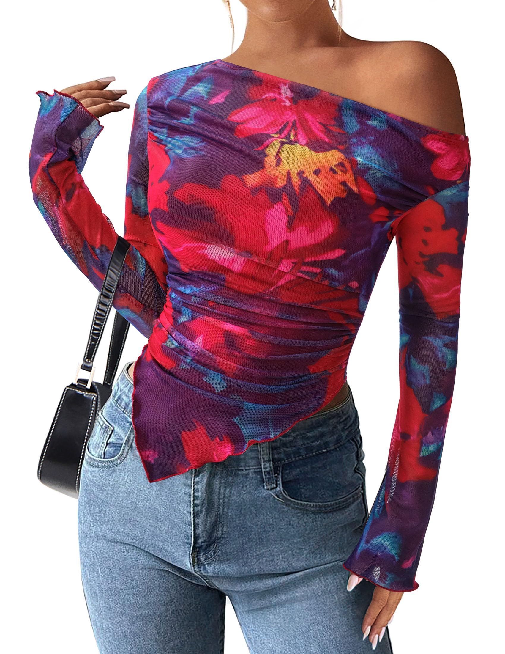 Womens Off Shoulder Mesh Y2k Tops,Floral Navy Red,XS